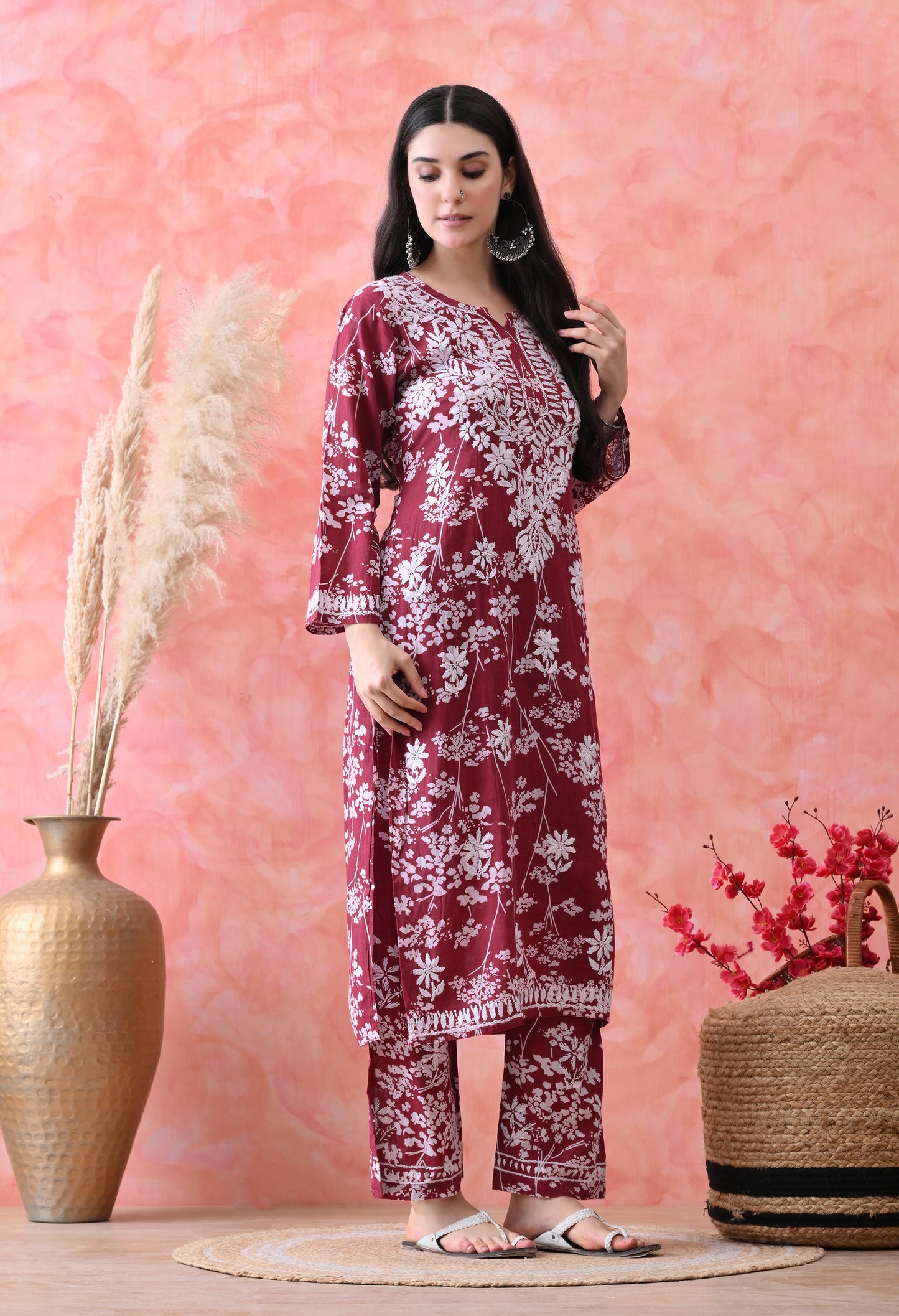 Hand Embroidered Chikankari Mulmul Plazo Set – Floral Delight Maroon