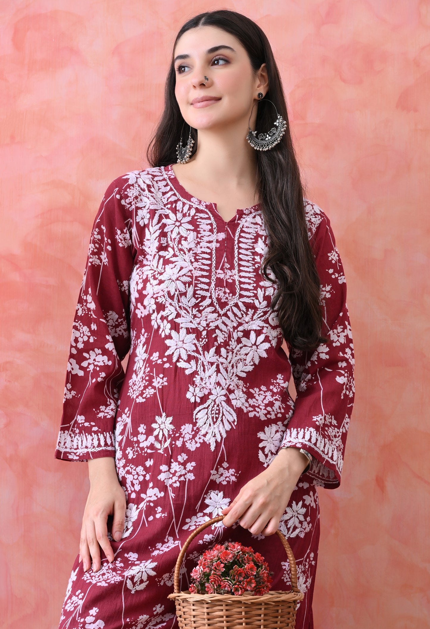 Hand Embroidered Chikankari Mulmul Plazo Set – Floral Delight Maroon