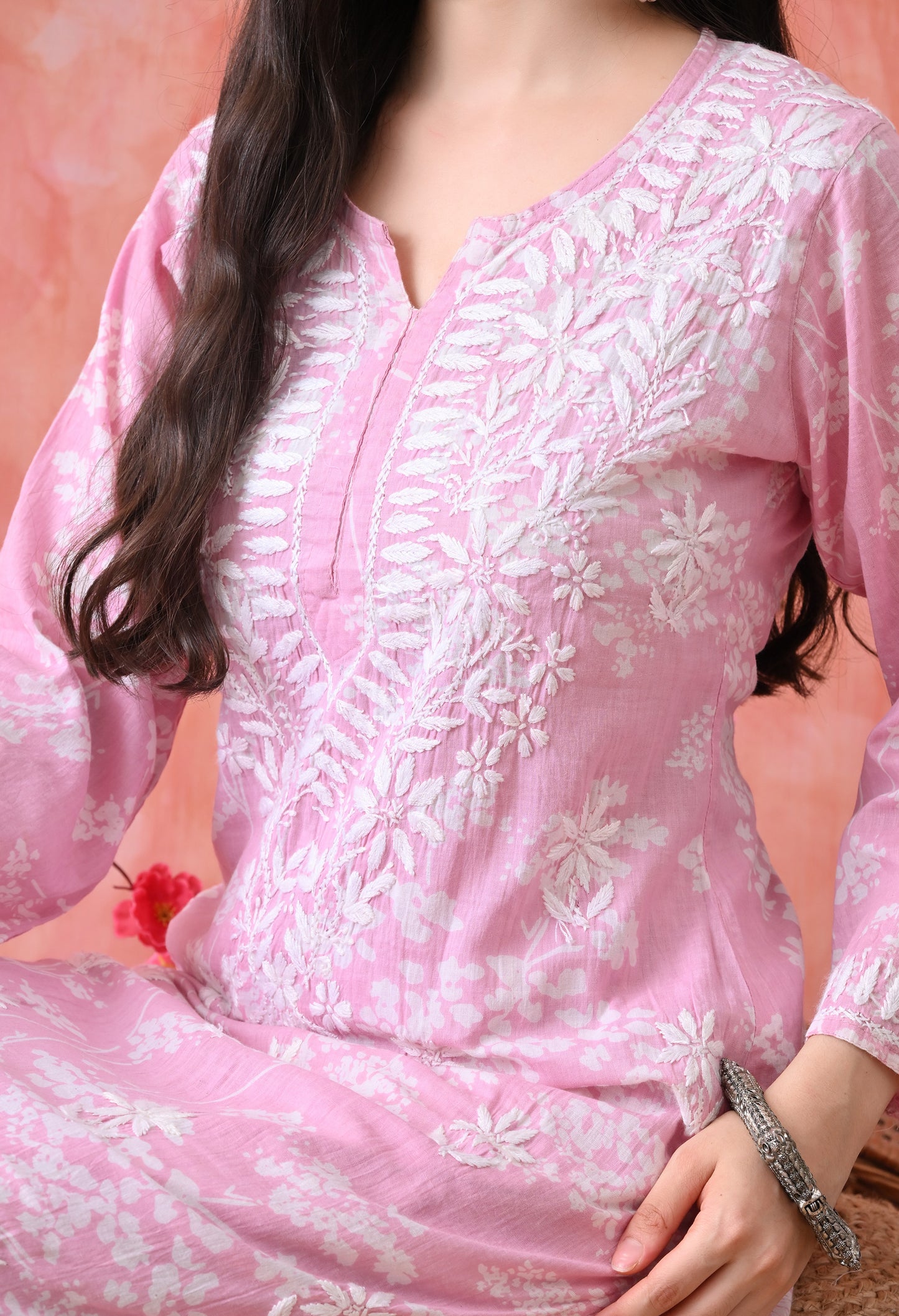 Hand Embroidered Chikankari Mulmul Plazo Set – Floral Pink Delight