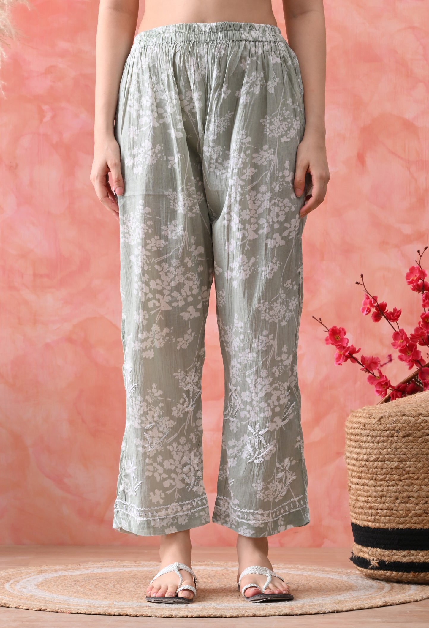 Hand Embroidered Chikankari Mulmul Plazo Set – Floral Light Green