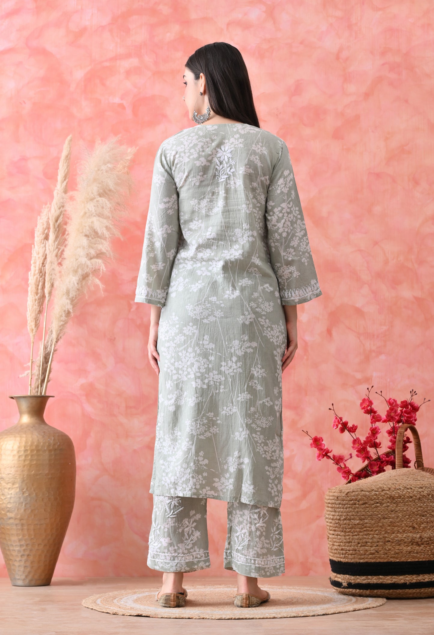 Hand Embroidered Chikankari Mulmul Plazo Set – Floral Light Green