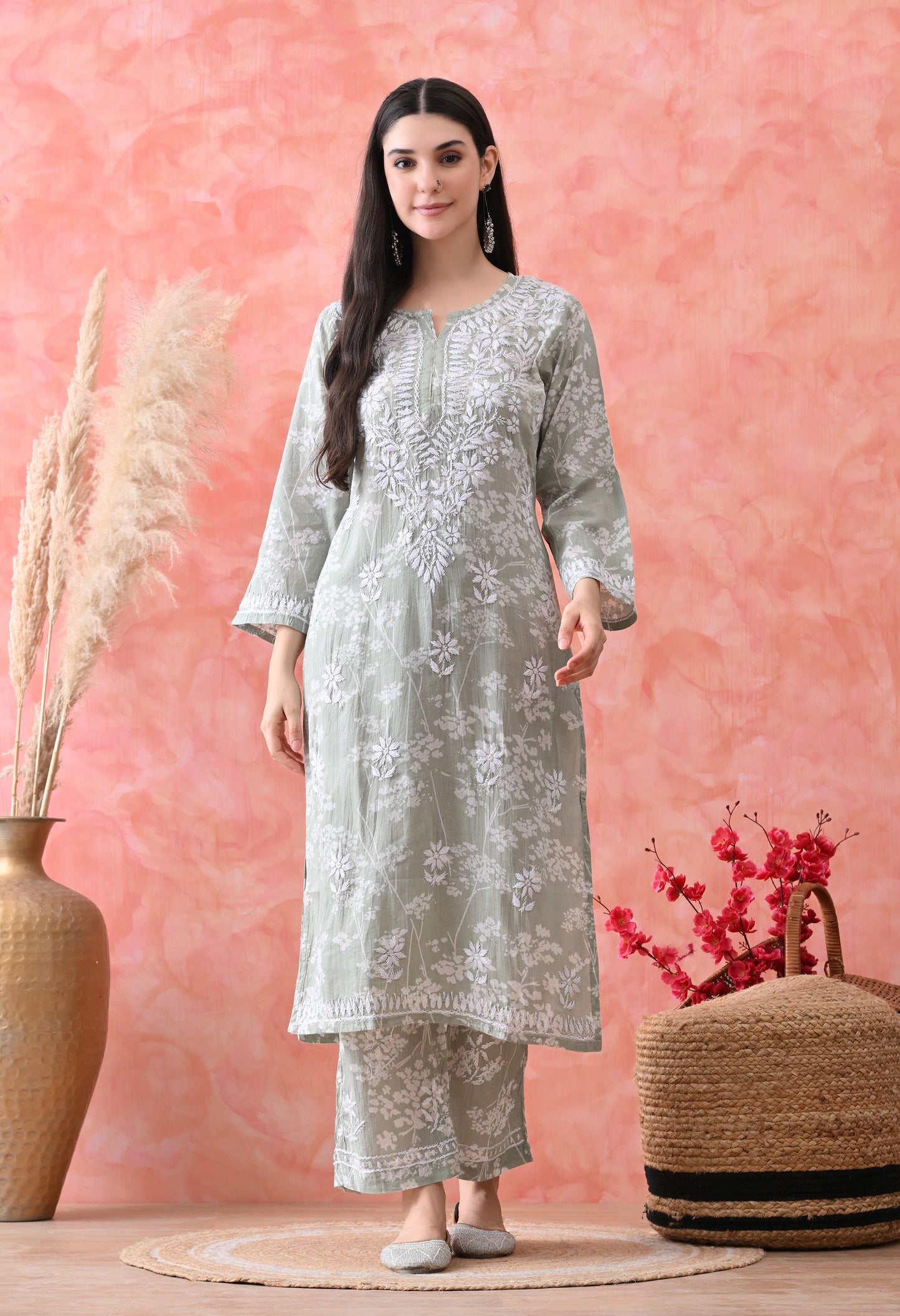Hand Embroidered Chikankari Mulmul Plazo Set – Floral Light Green