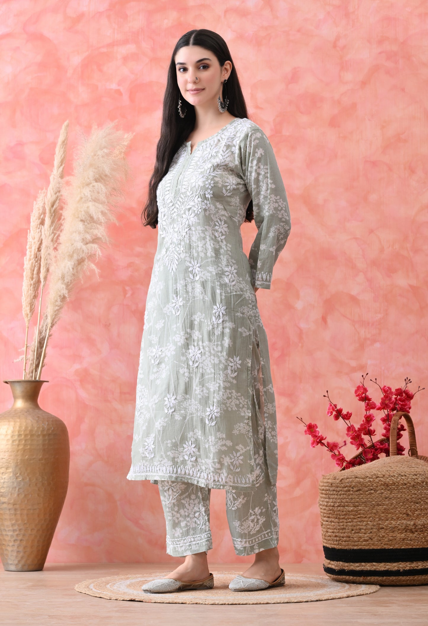 Hand Embroidered Chikankari Mulmul Plazo Set – Floral Light Green