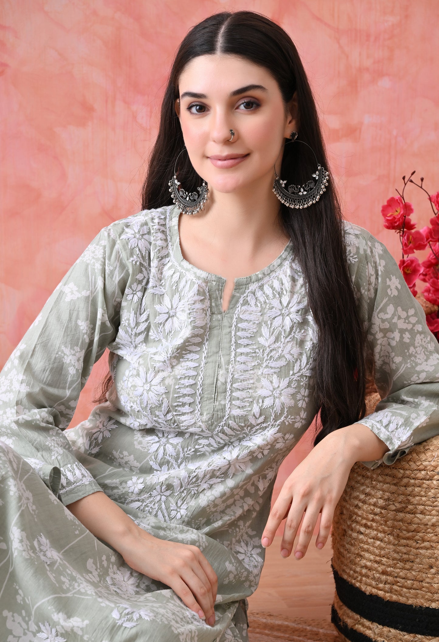 Hand Embroidered Chikankari Mulmul Plazo Set – Floral Light Green