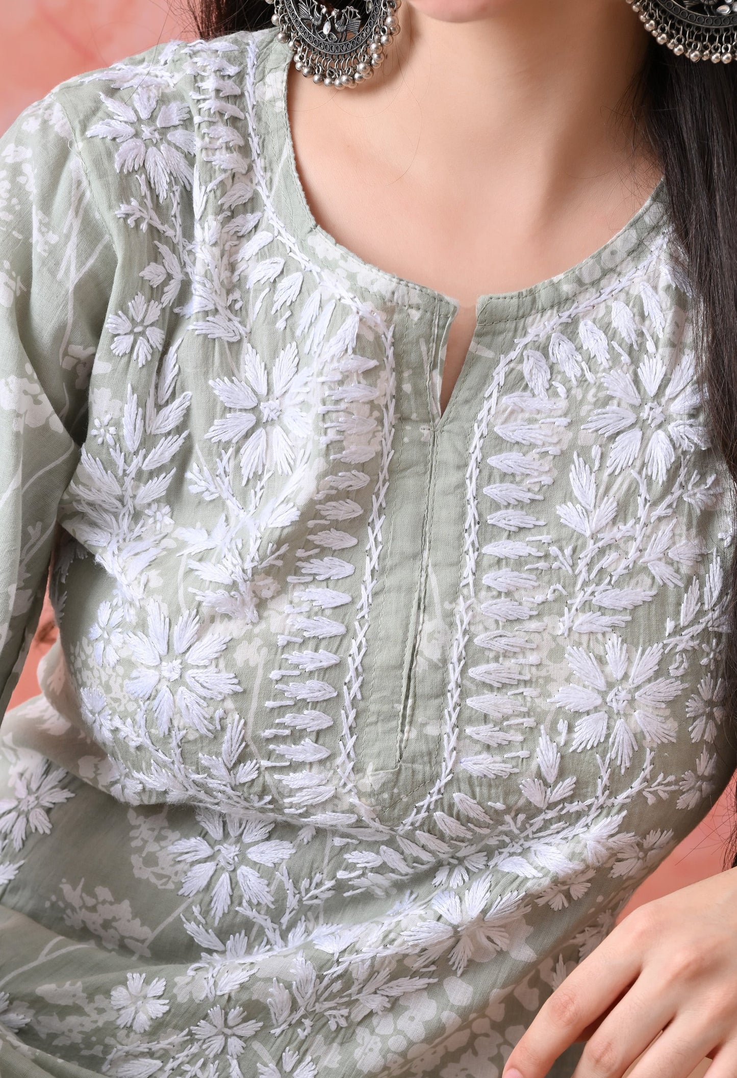 Hand Embroidered Chikankari Mulmul Plazo Set – Floral Light Green