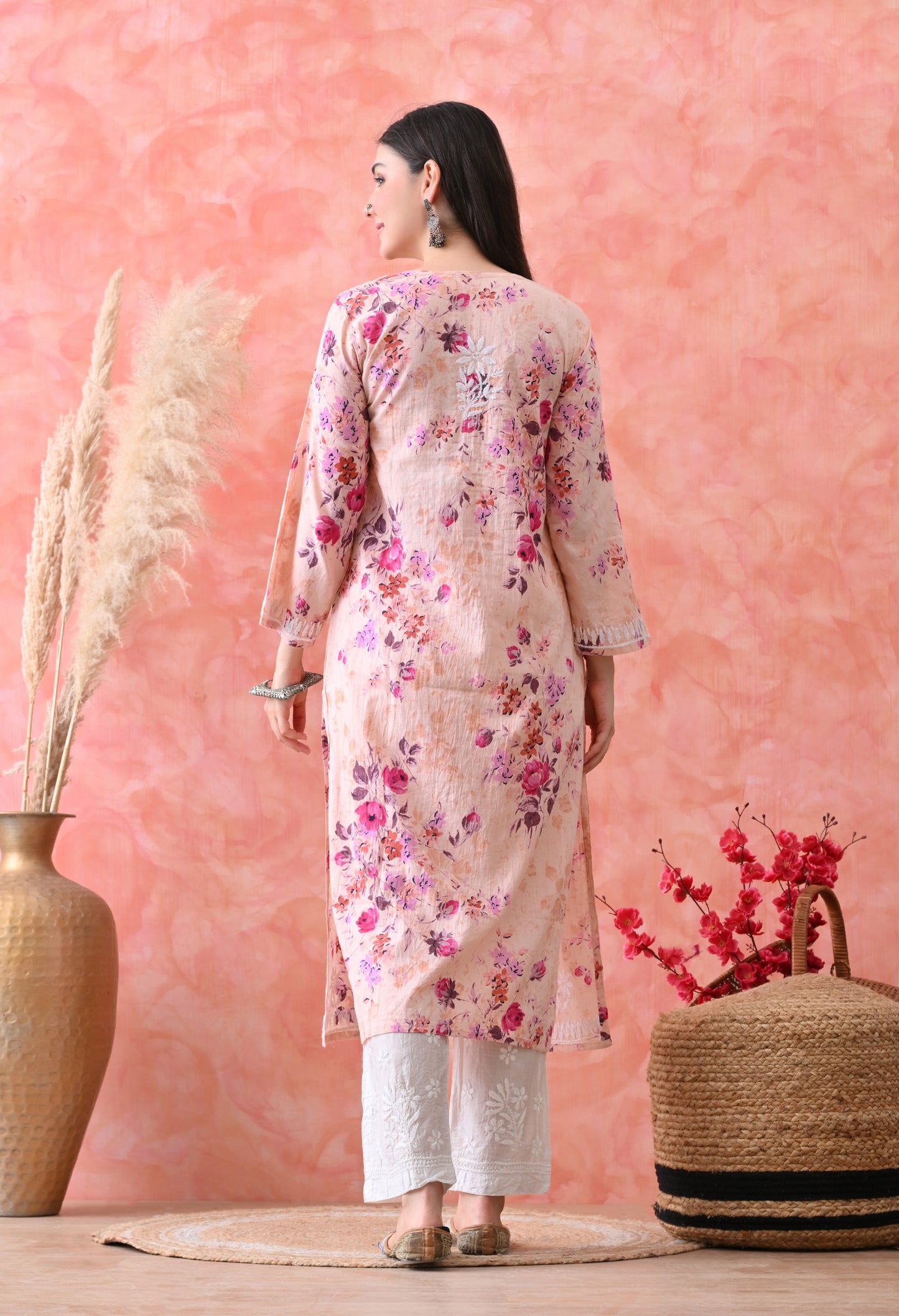 Floral Print Mulmul Pure Cotton Lucknow Chikankari Kurta - Light Orange