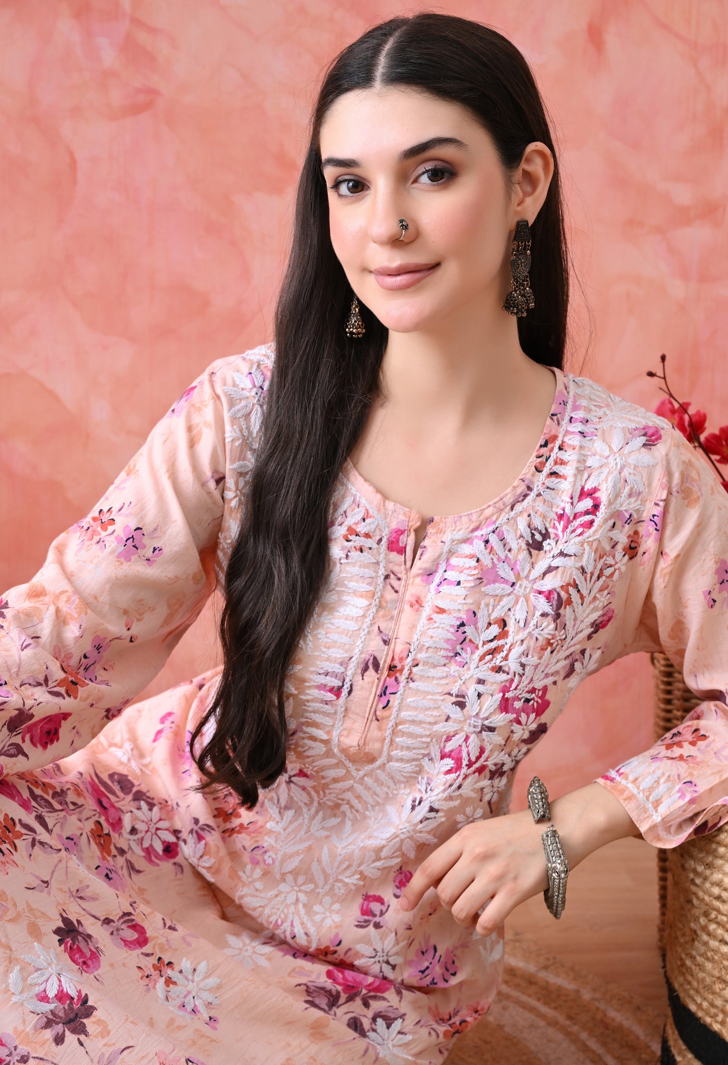Floral Print Mulmul Pure Cotton Lucknow Chikankari Kurta - Light Orange