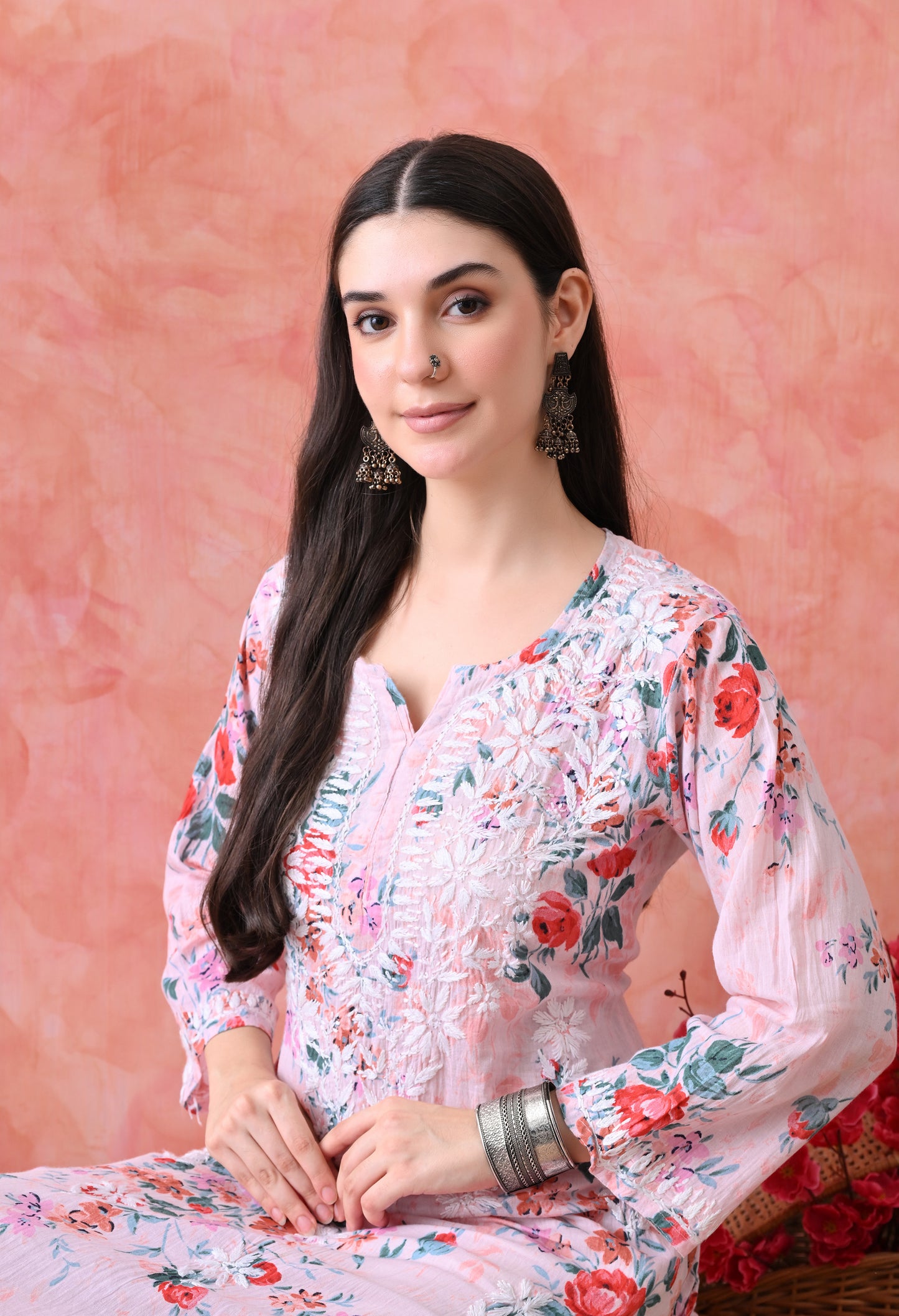 Floral Print Mulmul Pure Cotton Lucknow Chikankari Kurta - Pink