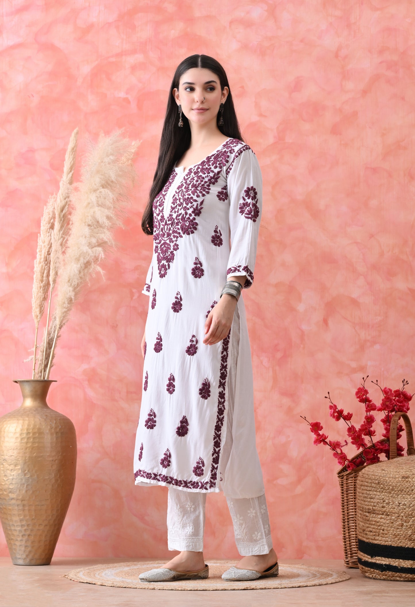 Hand Embroidered Rayon Kurta Wine Colour Work