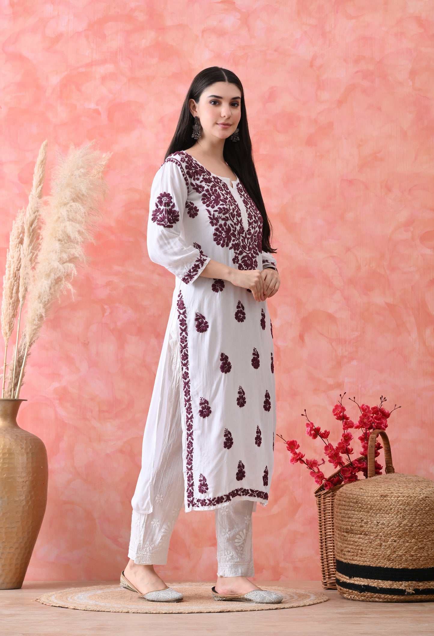 Hand Embroidered Rayon Kurta Wine Colour Work