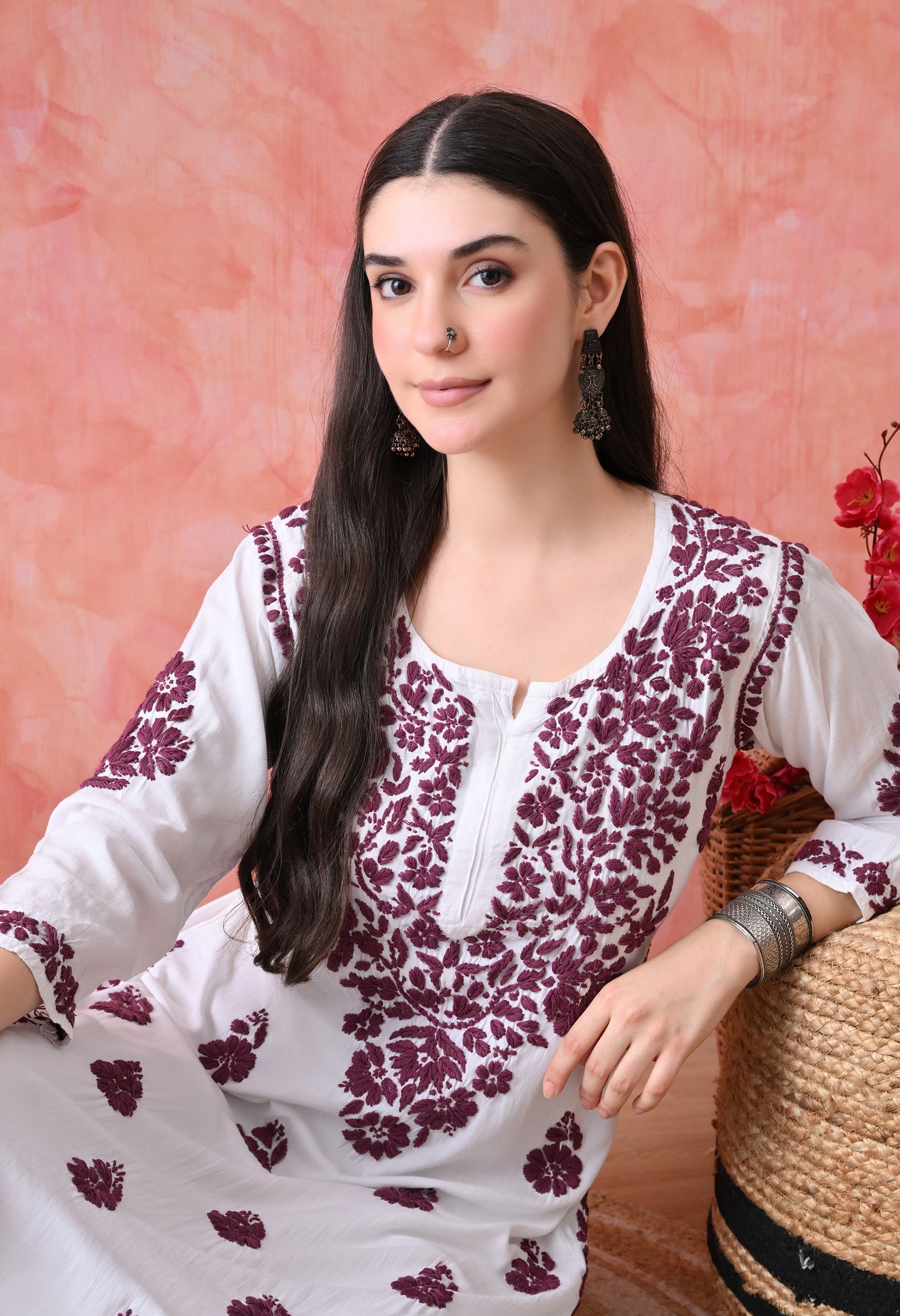 Hand Embroidered Rayon Kurta Wine Colour Work