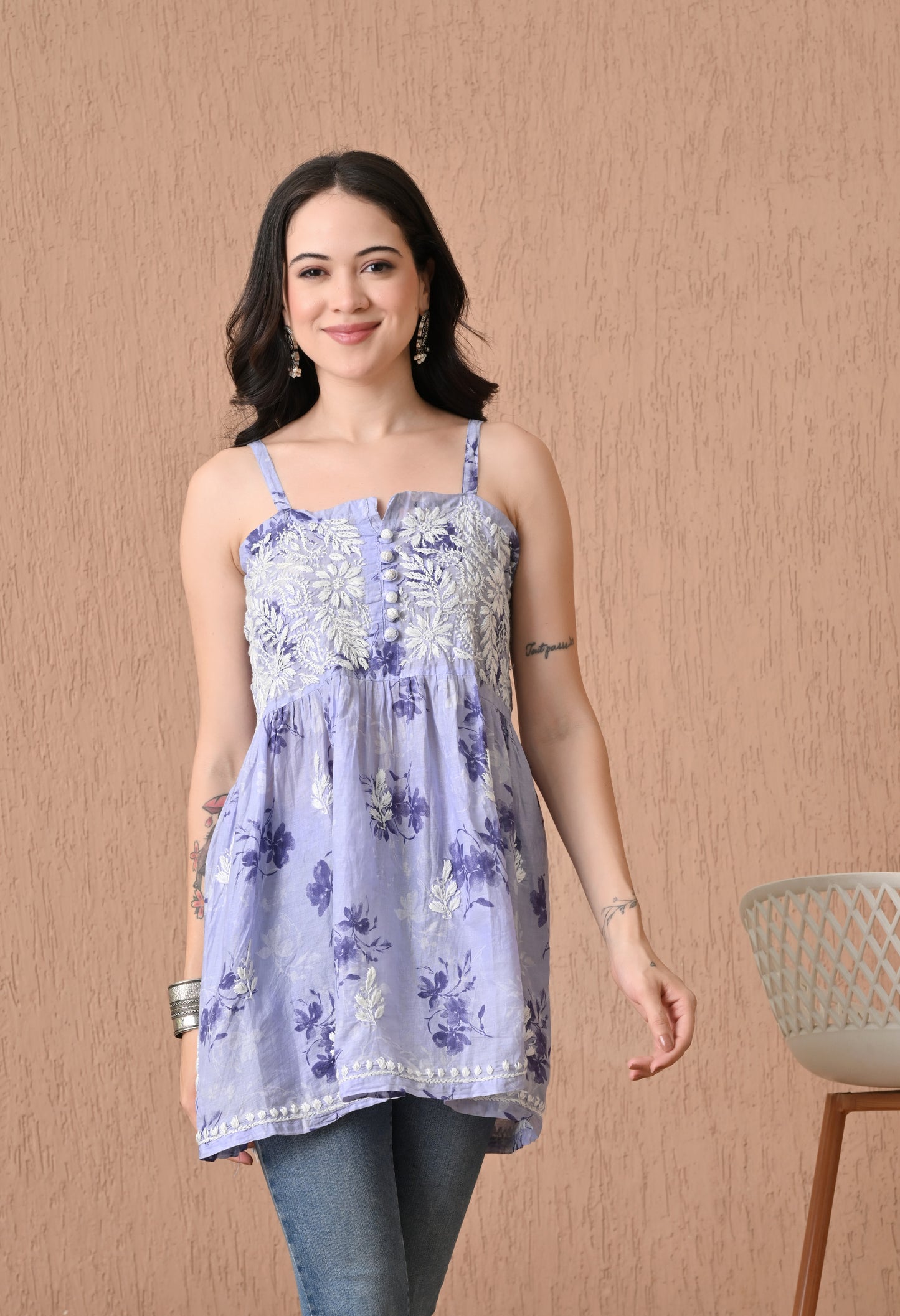 Mulmul Noodle Strap Chikankari Top