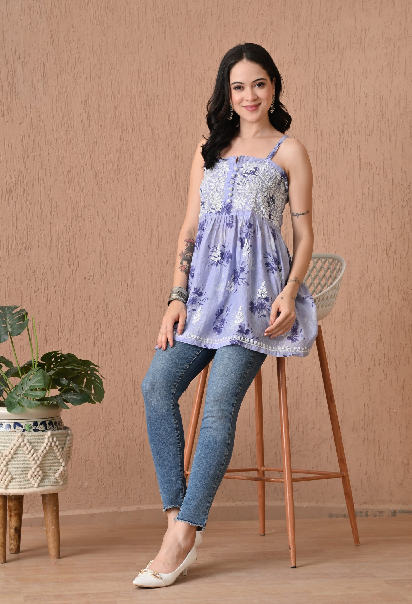 Mulmul Noodle Strap Chikankari Top