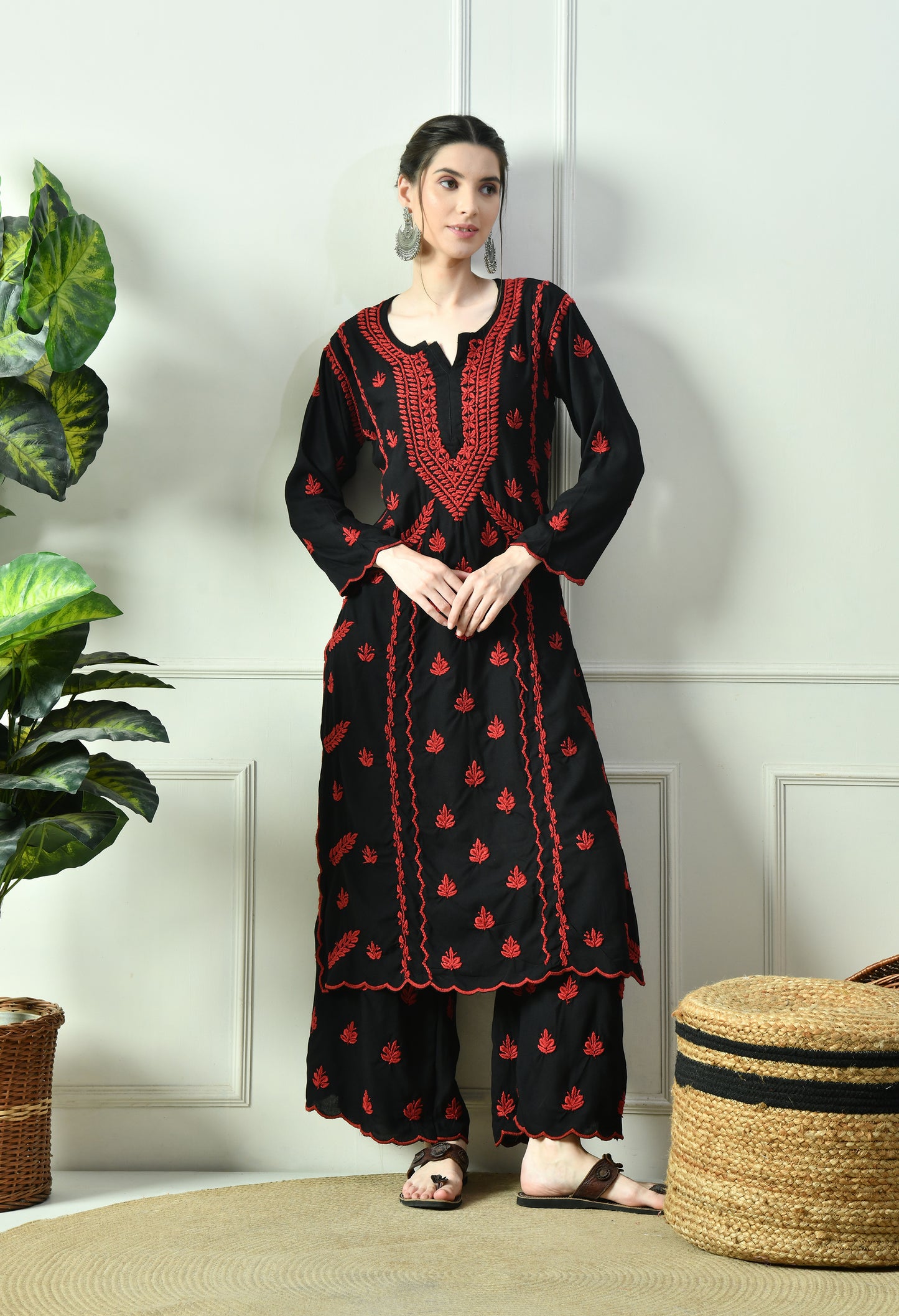 Black Beauty Vibrant Chikankari Set- Red