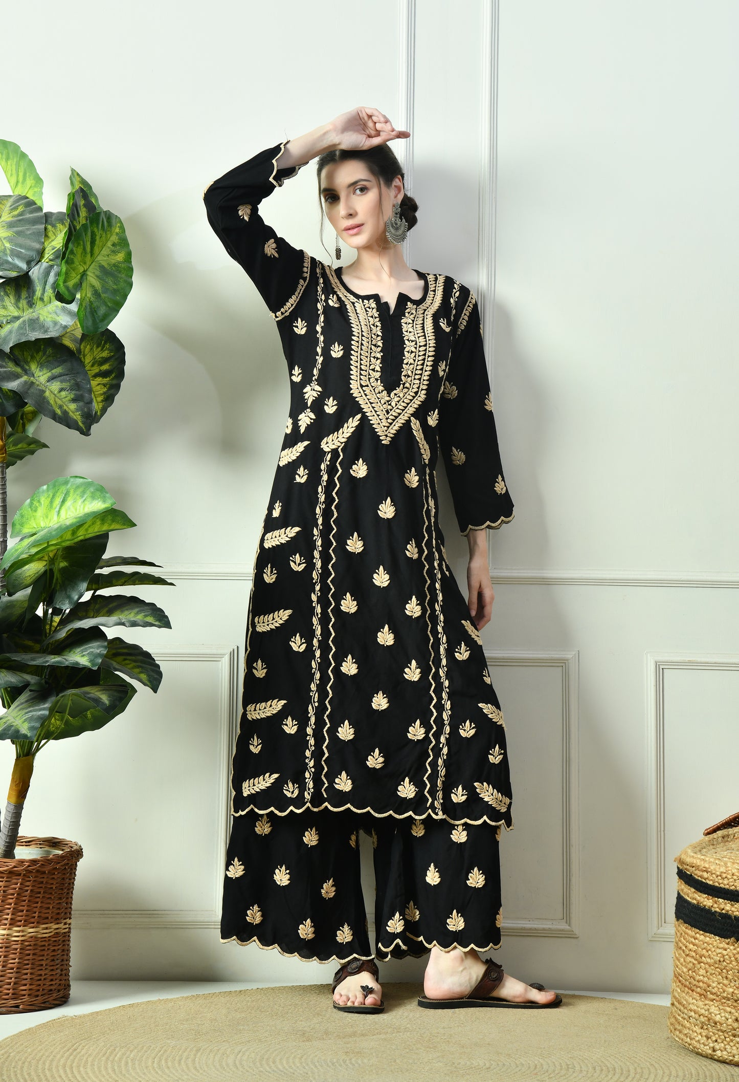 Black Beauty Vibrant Chikankari Set- Brown