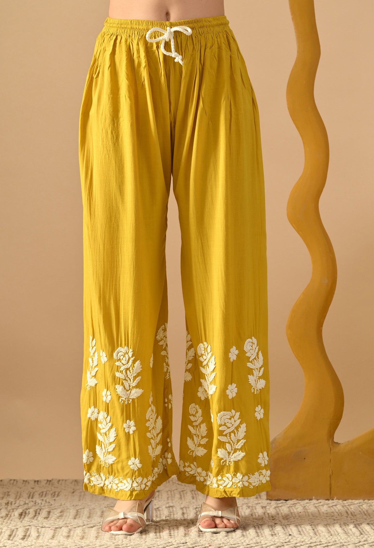 Hand Embroidered Chikankari Slub Rayon Plazo Set 3d Work-Yellow