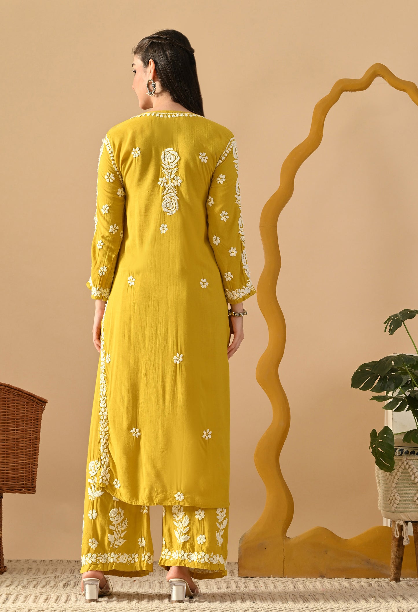 Hand Embroidered Chikankari Slub Rayon Plazo Set 3d Work-Yellow