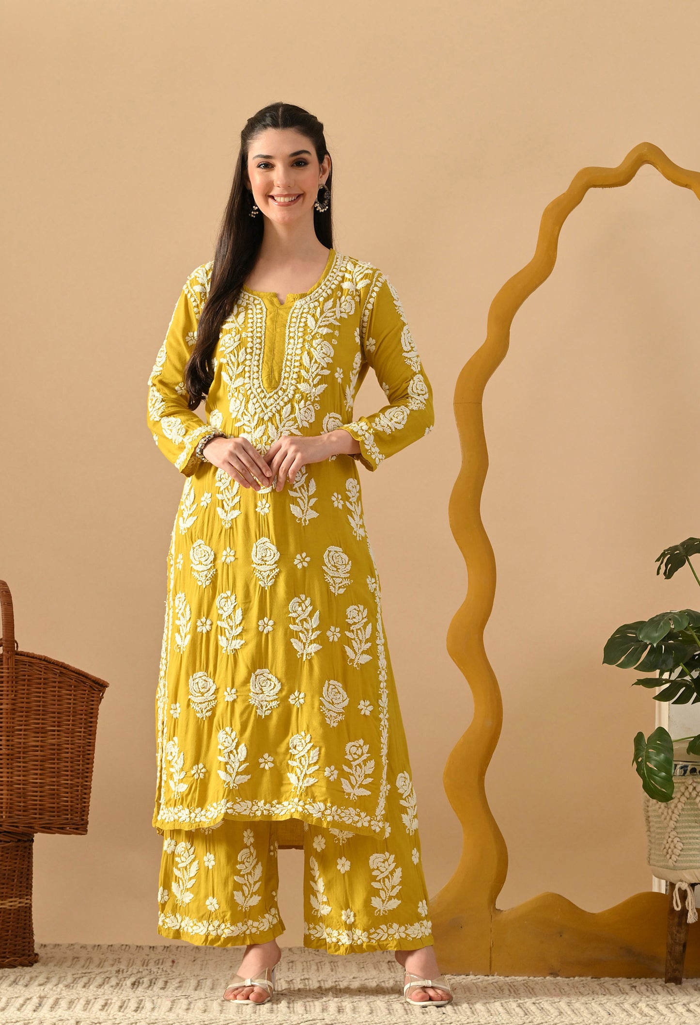 Hand Embroidered Chikankari Slub Rayon Plazo Set 3d Work-Yellow