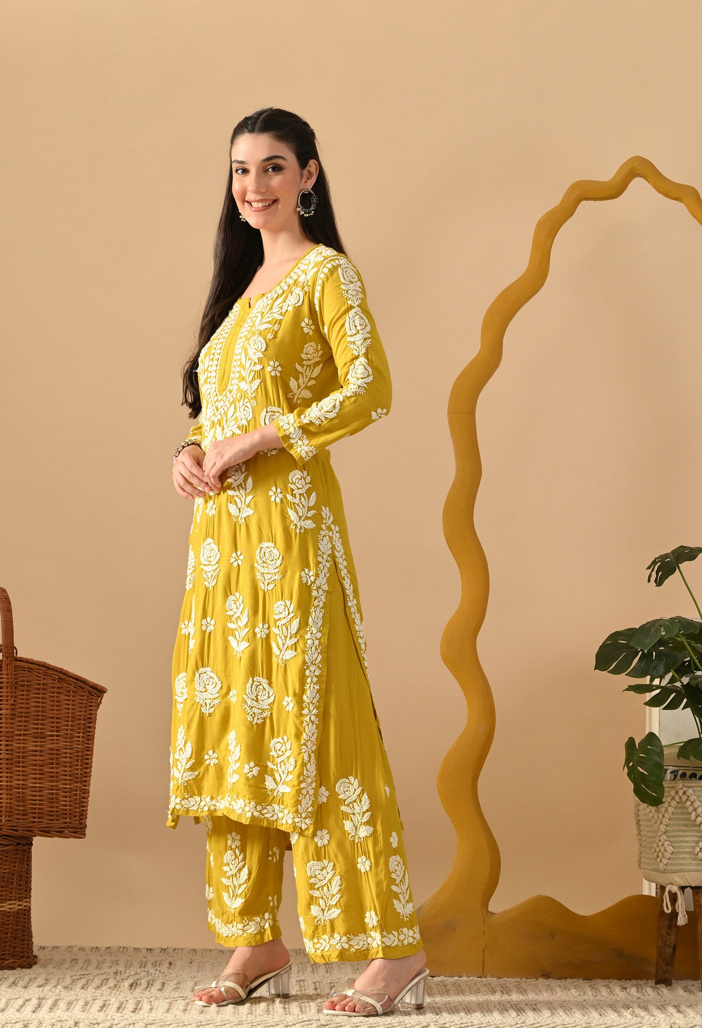 Hand Embroidered Chikankari Slub Rayon Plazo Set 3d Work-Yellow