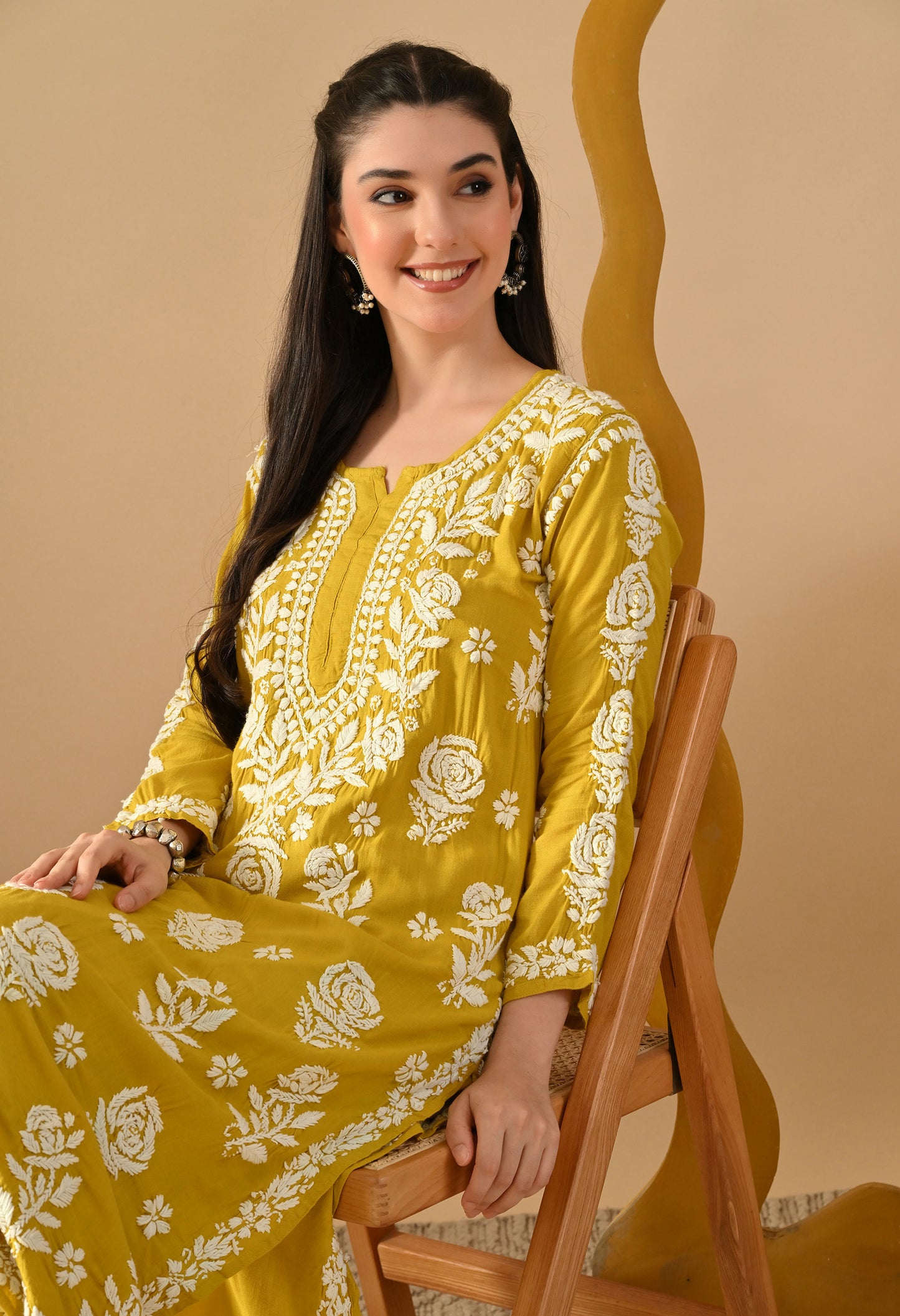 Hand Embroidered Chikankari Slub Rayon Plazo Set 3d Work-Yellow