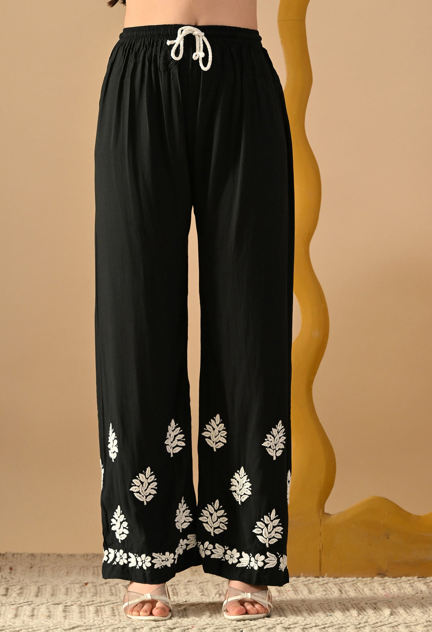 Hand Embroidered Chikankari Rayon Plazo Set 3d Work- Black
