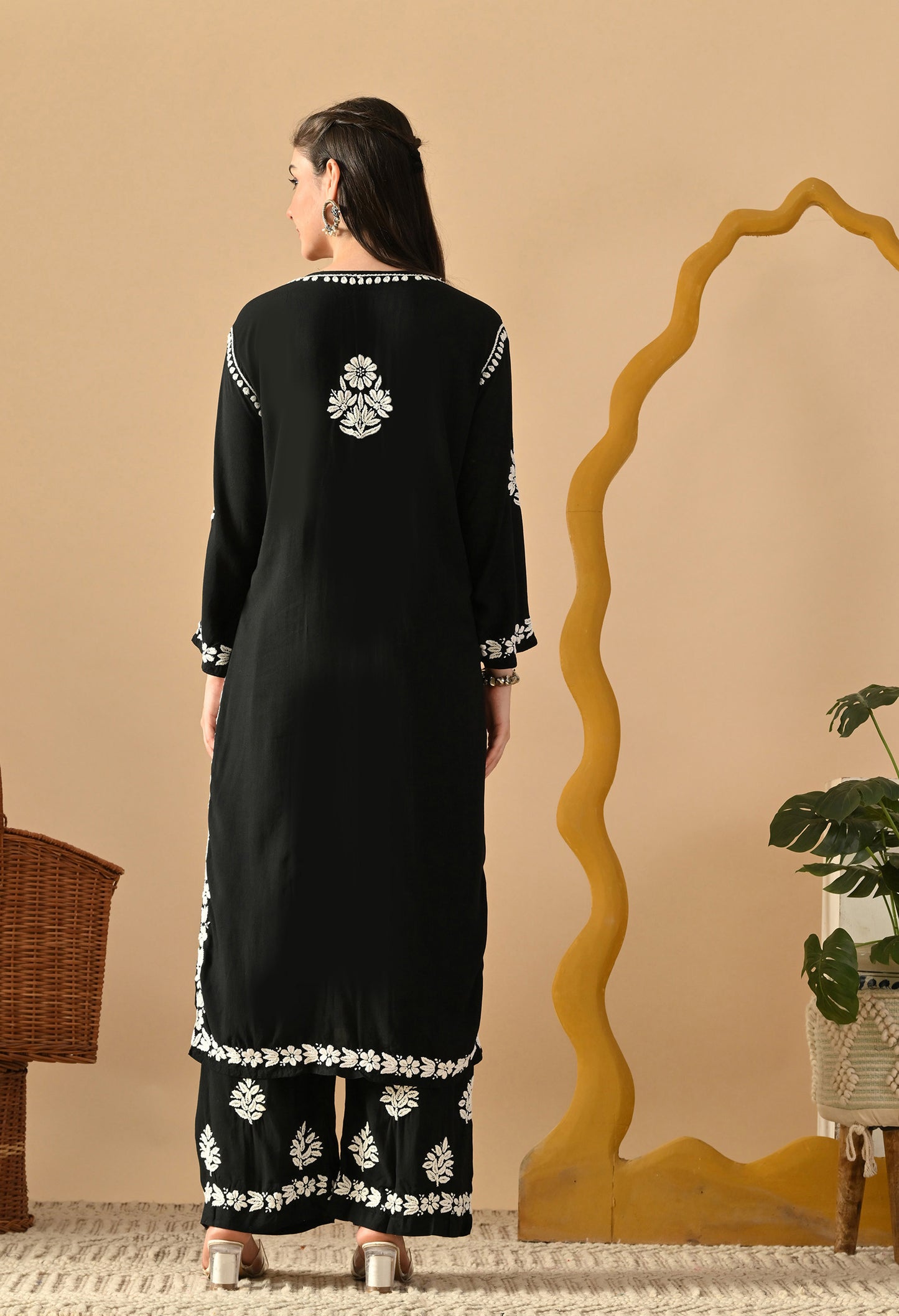 Hand Embroidered Chikankari Rayon Plazo Set 3d Work- Black