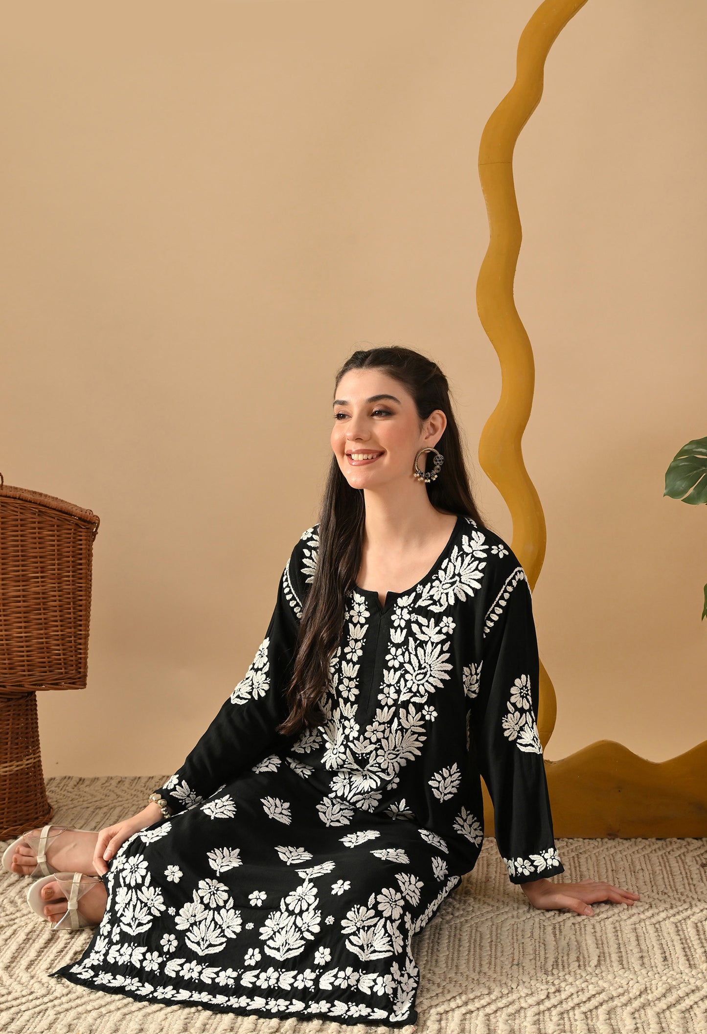 Hand Embroidered Chikankari Rayon Plazo Set 3d Work- Black
