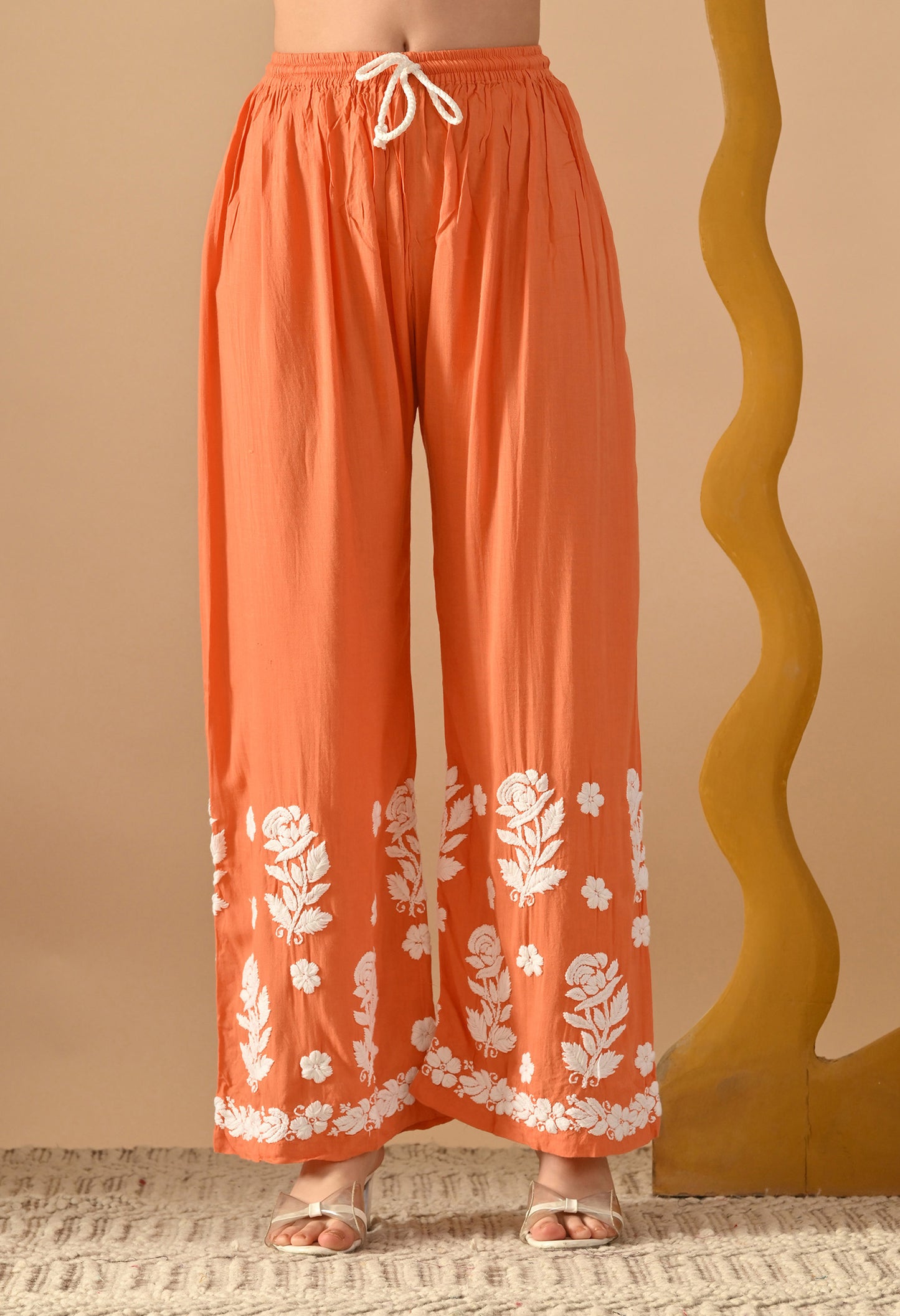 Hand Embroidered Chikankari Slub Rayon Plazo Set 3d Work-Peach