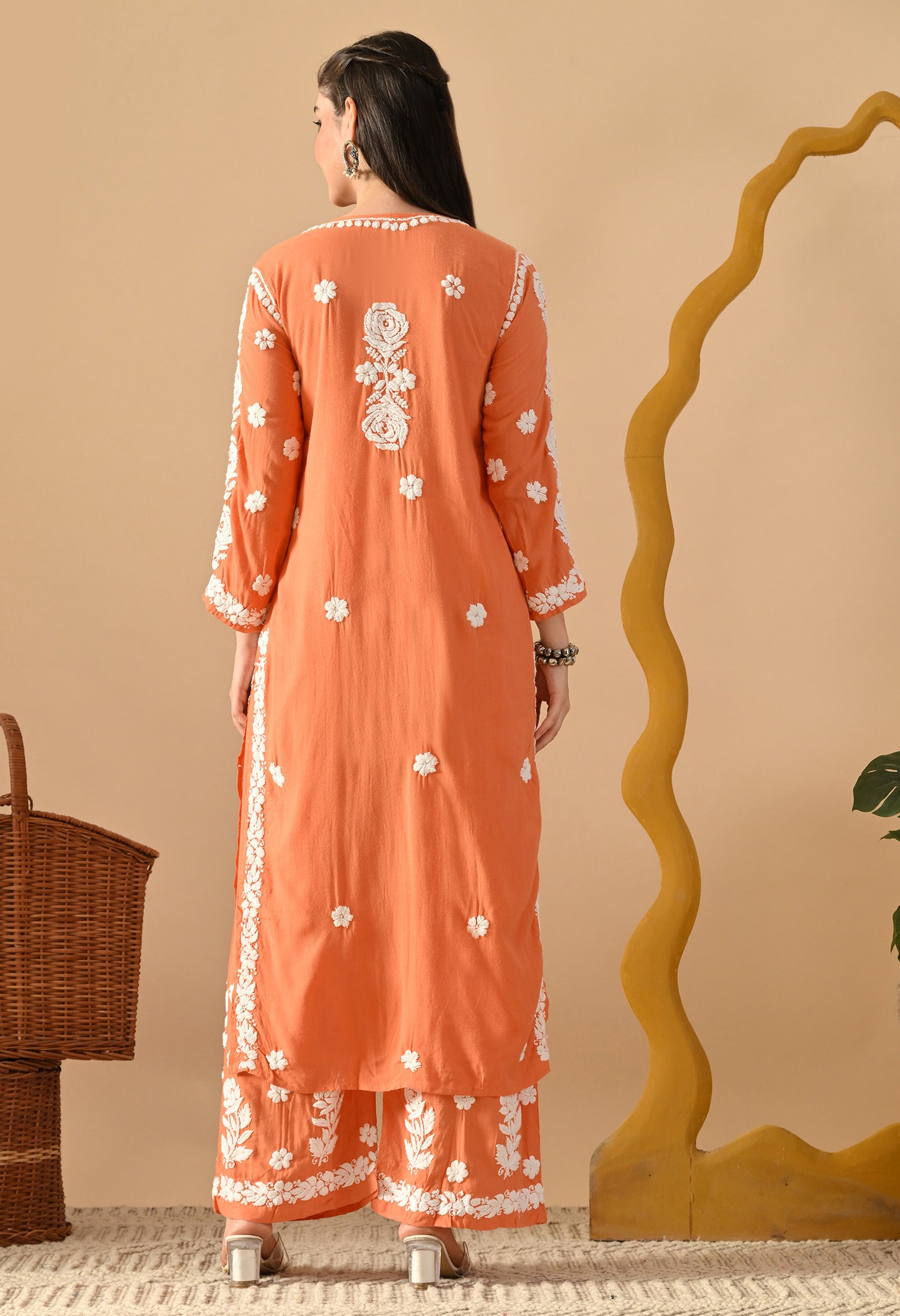 Hand Embroidered Chikankari Slub Rayon Plazo Set 3d Work-Peach