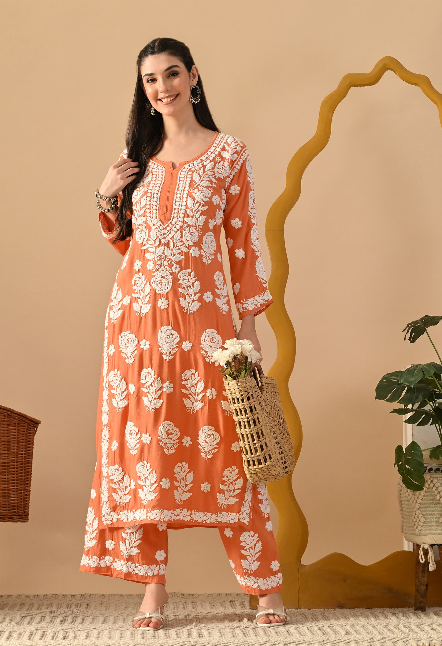 Hand Embroidered Chikankari Slub Rayon Plazo Set 3d Work-Peach