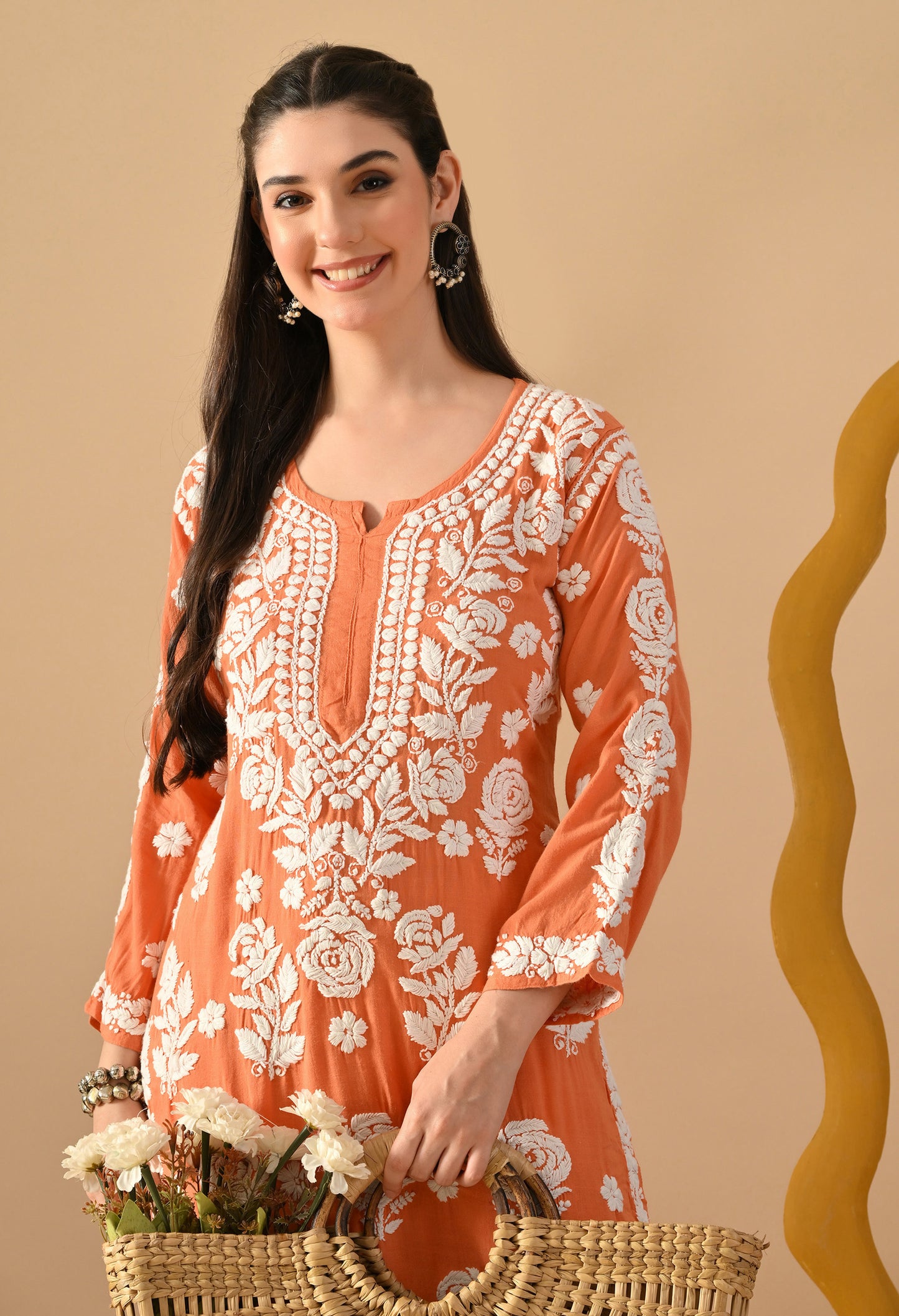 Hand Embroidered Chikankari Slub Rayon Plazo Set 3d Work-Peach