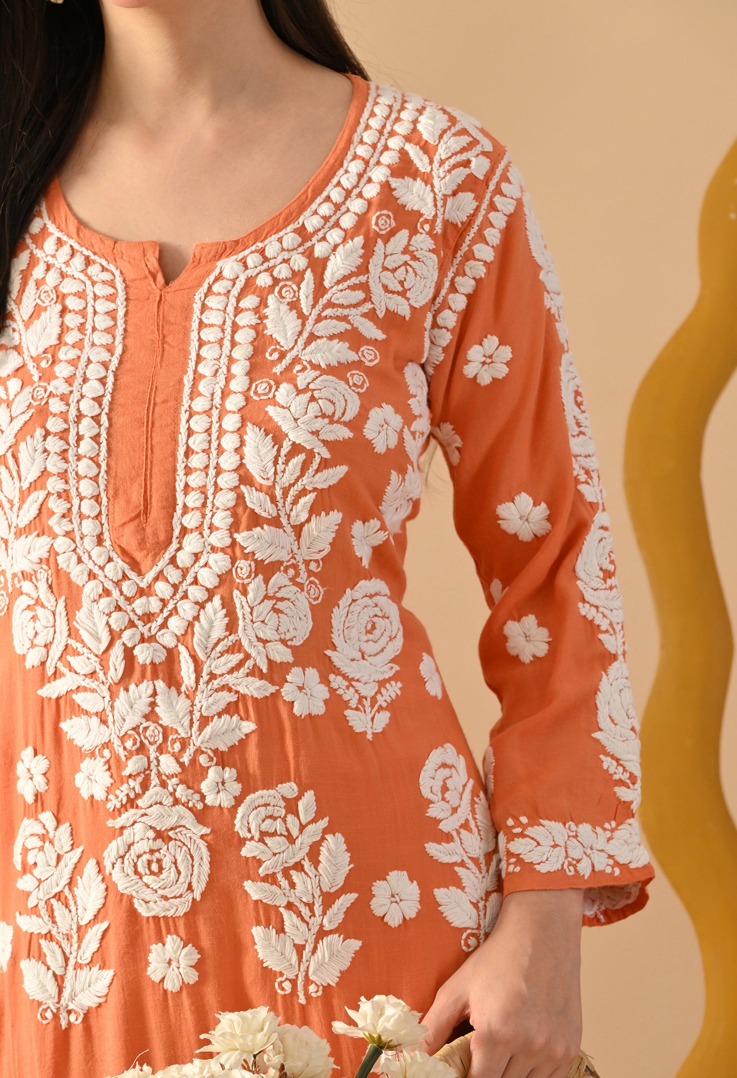 Hand Embroidered Chikankari Slub Rayon Plazo Set 3d Work-Peach