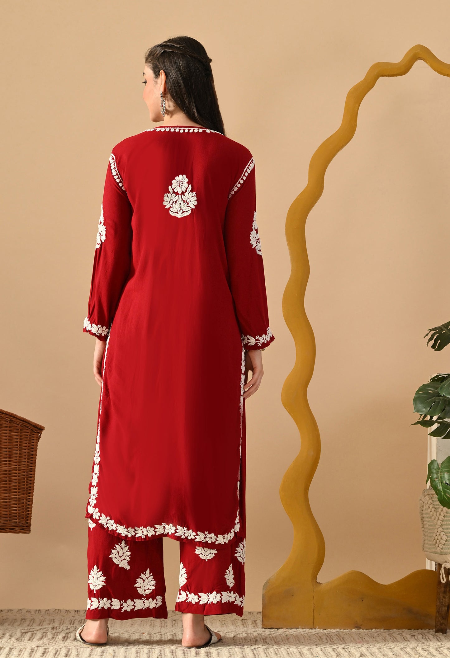 Hand Embroidered Chikankari Rayon Plazo Set 3d Work- Maroon
