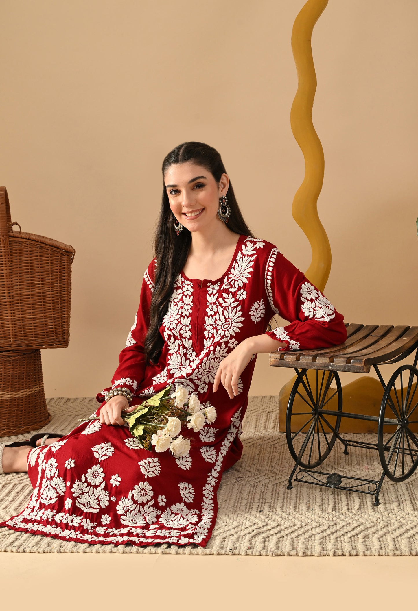 Hand Embroidered Chikankari Rayon Plazo Set 3d Work- Maroon