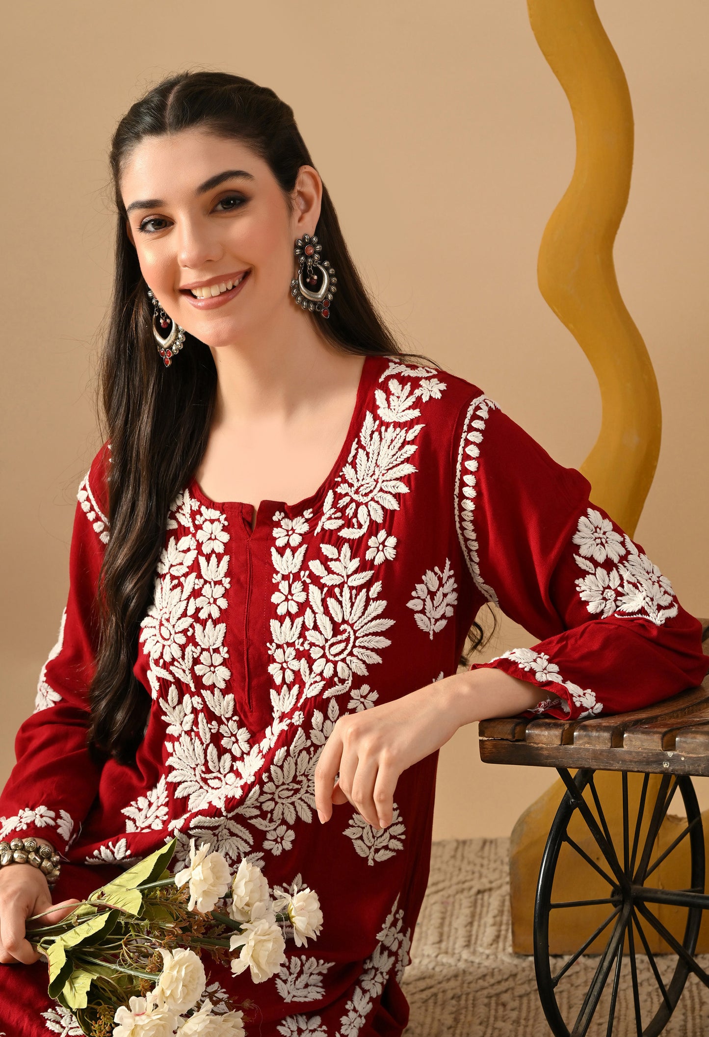 Hand Embroidered Chikankari Rayon Plazo Set 3d Work- Maroon