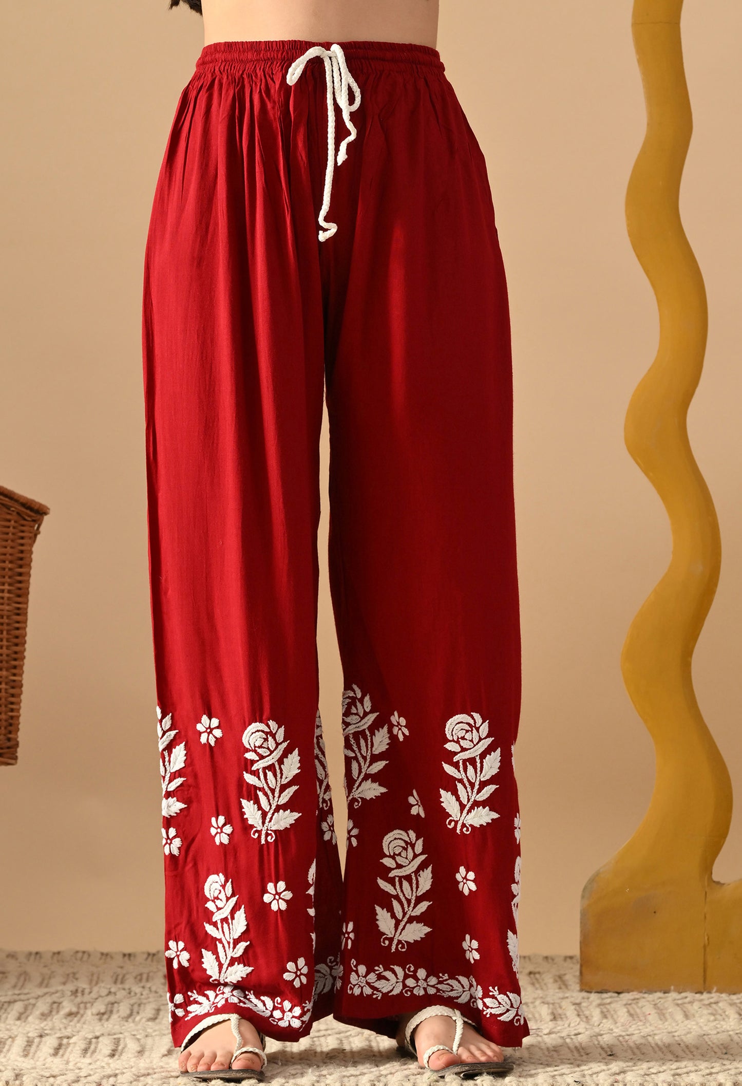 Hand Embroidered Chikankari Slub Rayon Plazo Set 3d Work-Maroon