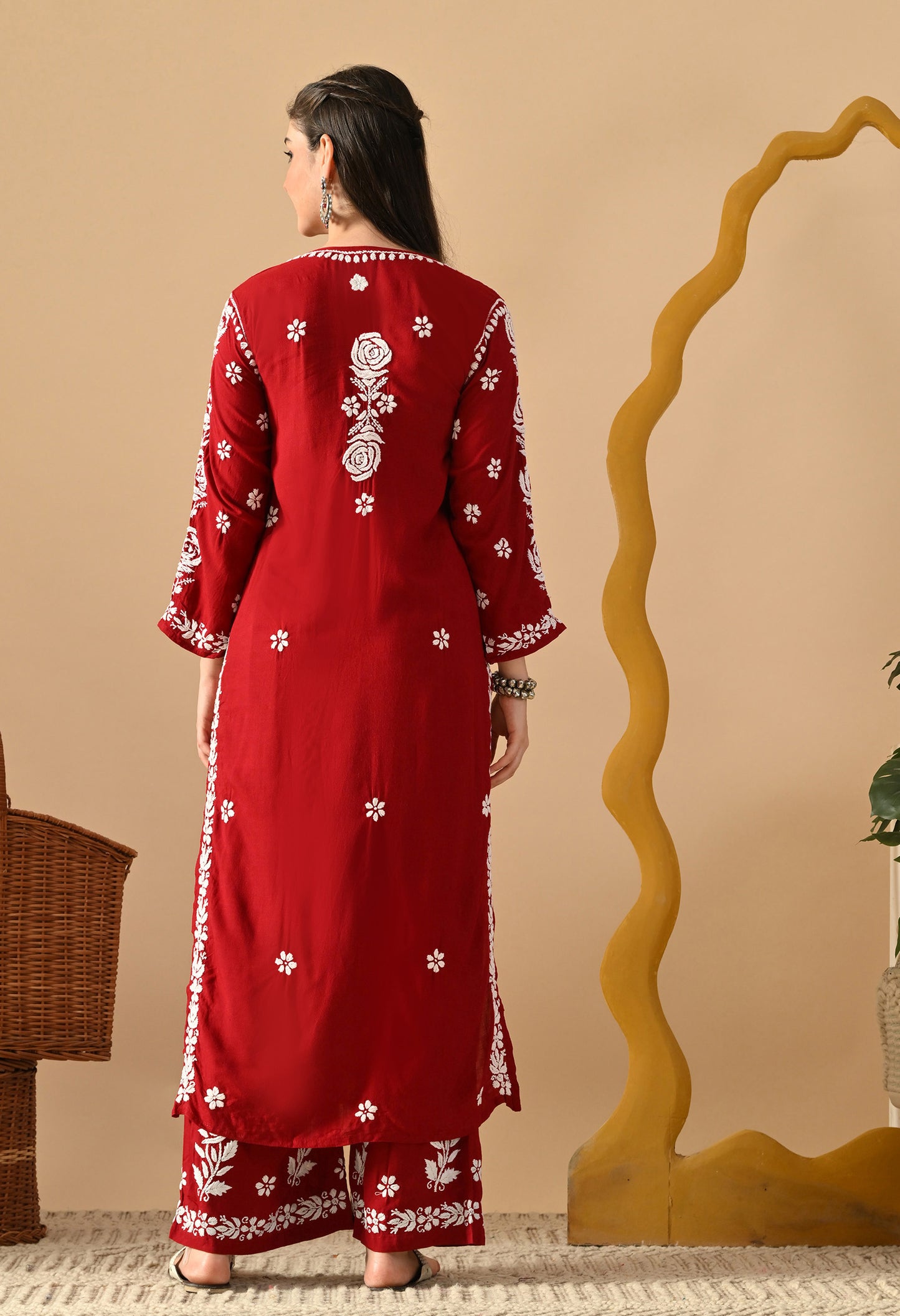 Hand Embroidered Chikankari Slub Rayon Plazo Set 3d Work-Maroon