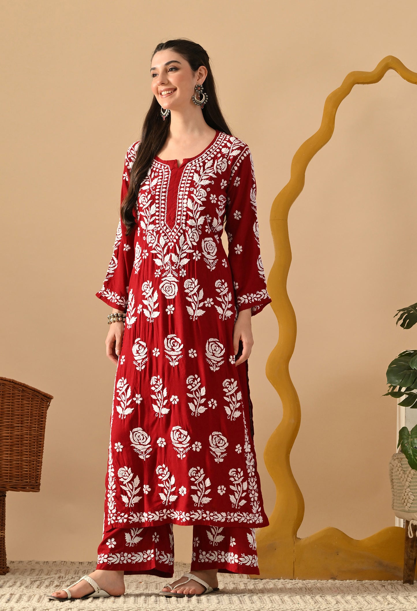 Hand Embroidered Chikankari Slub Rayon Plazo Set 3d Work-Maroon