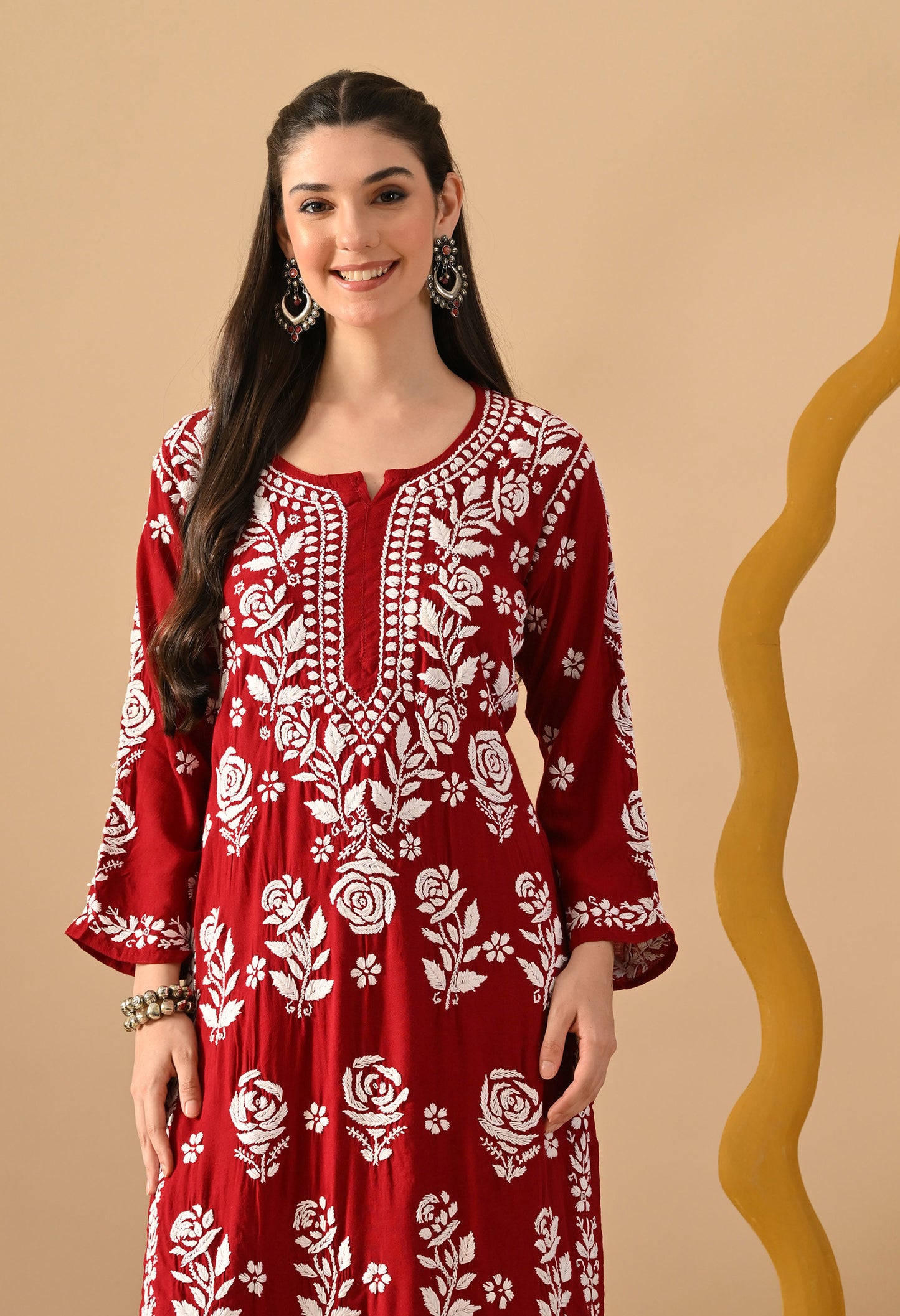 Hand Embroidered Chikankari Slub Rayon Plazo Set 3d Work-Maroon