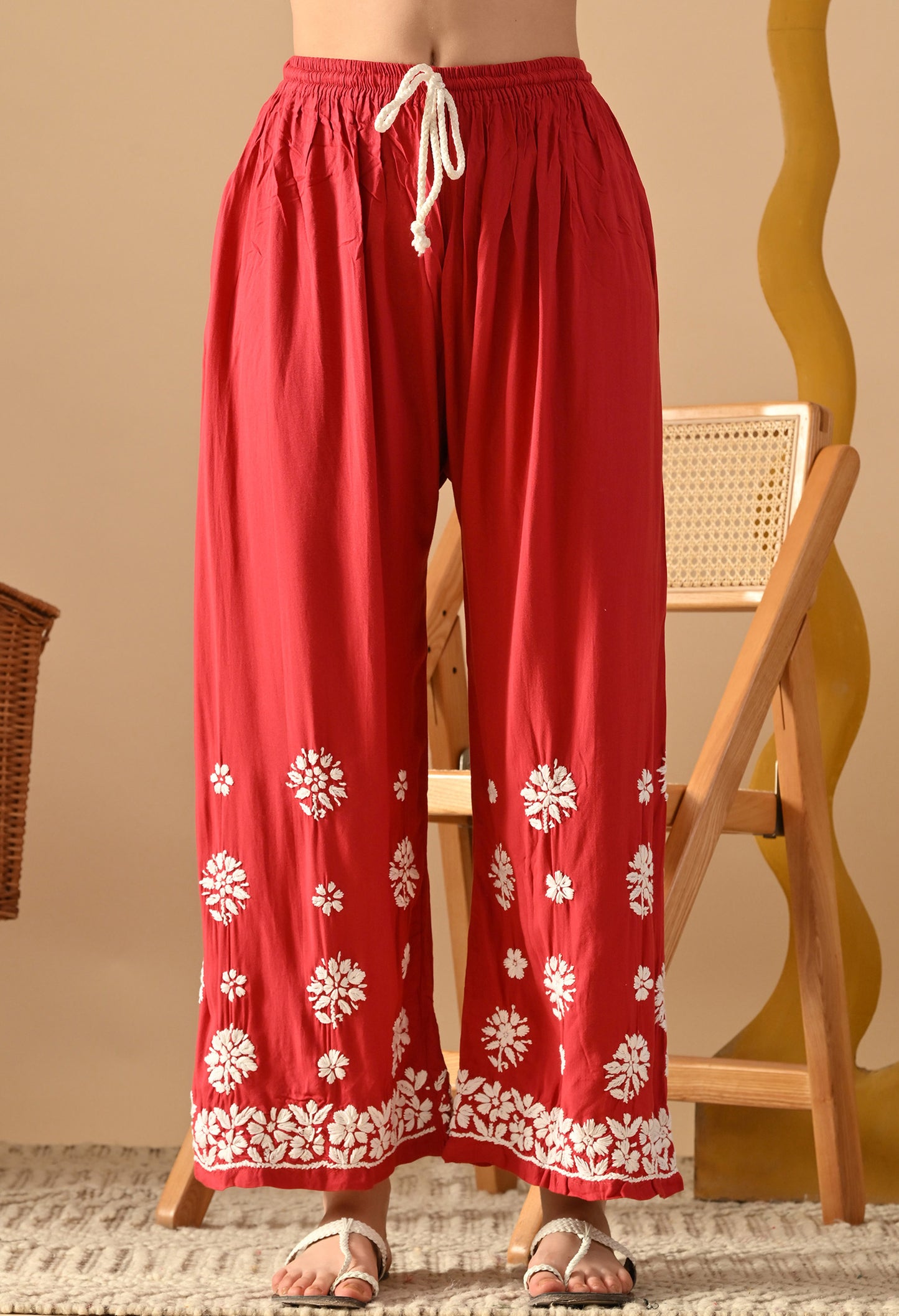 Hand Embroidered Chikankari Plazo Set 3d Work- Cherry Red