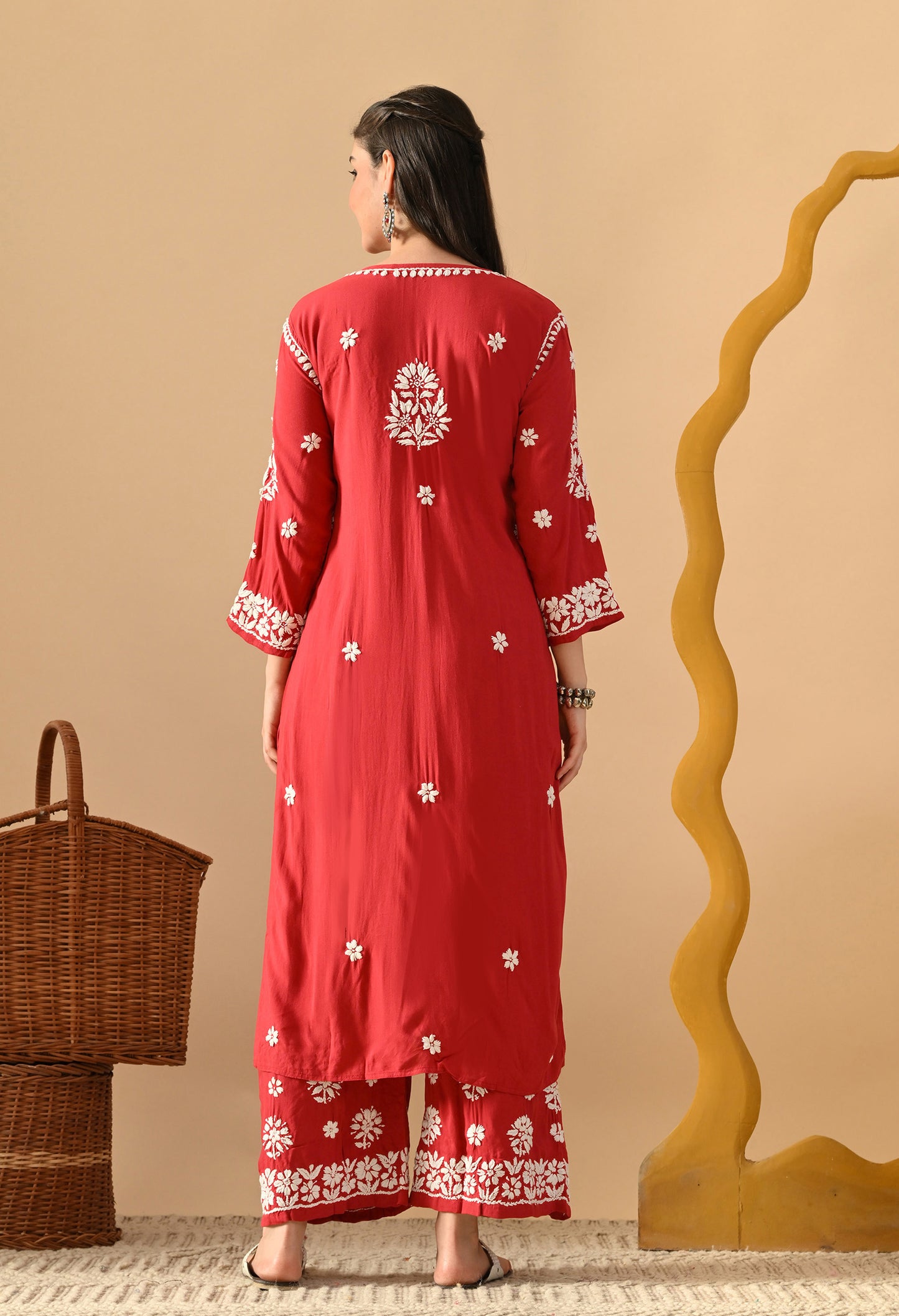 Hand Embroidered Chikankari Plazo Set 3d Work- Cherry Red