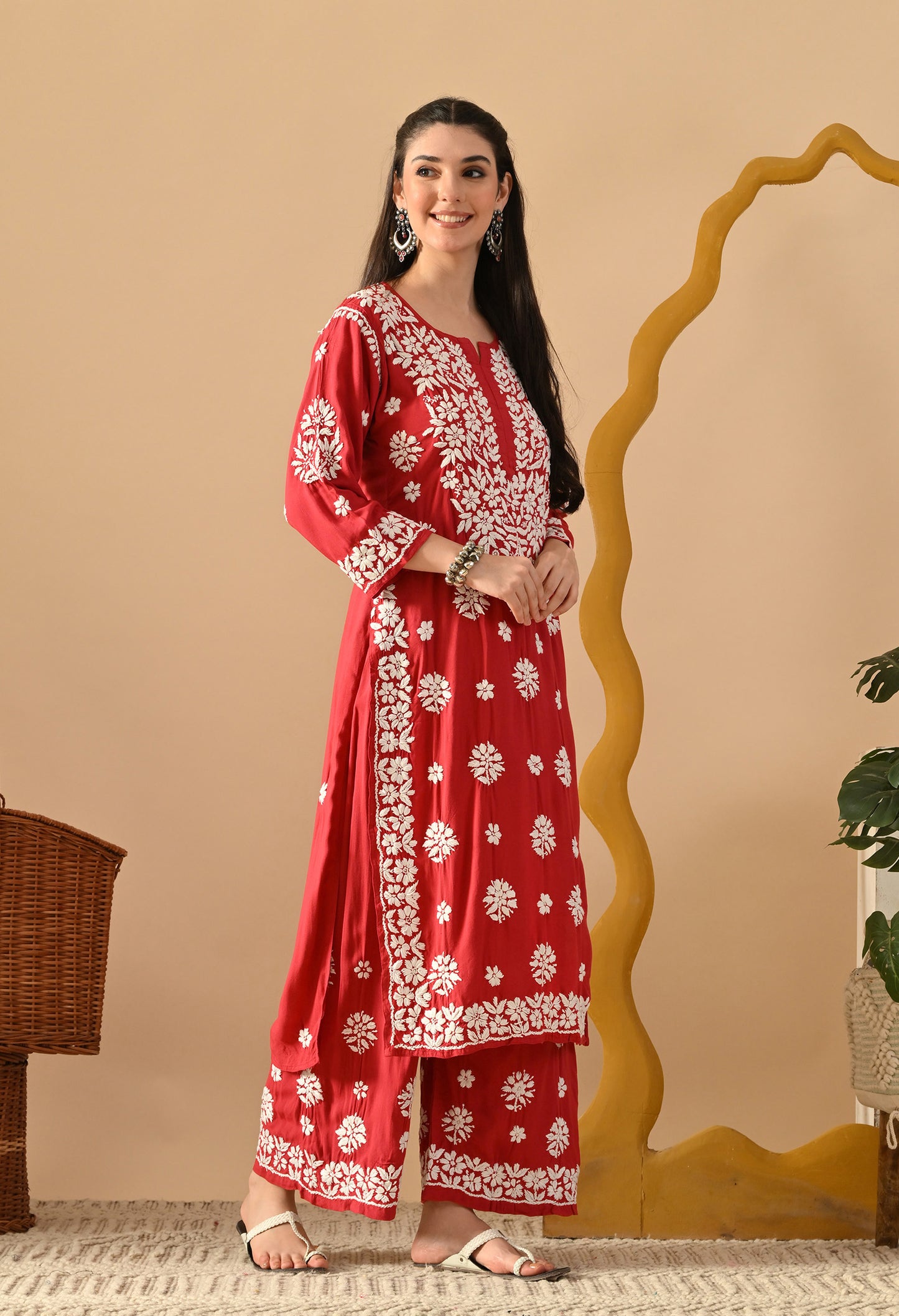 Hand Embroidered Chikankari Plazo Set 3d Work- Cherry Red