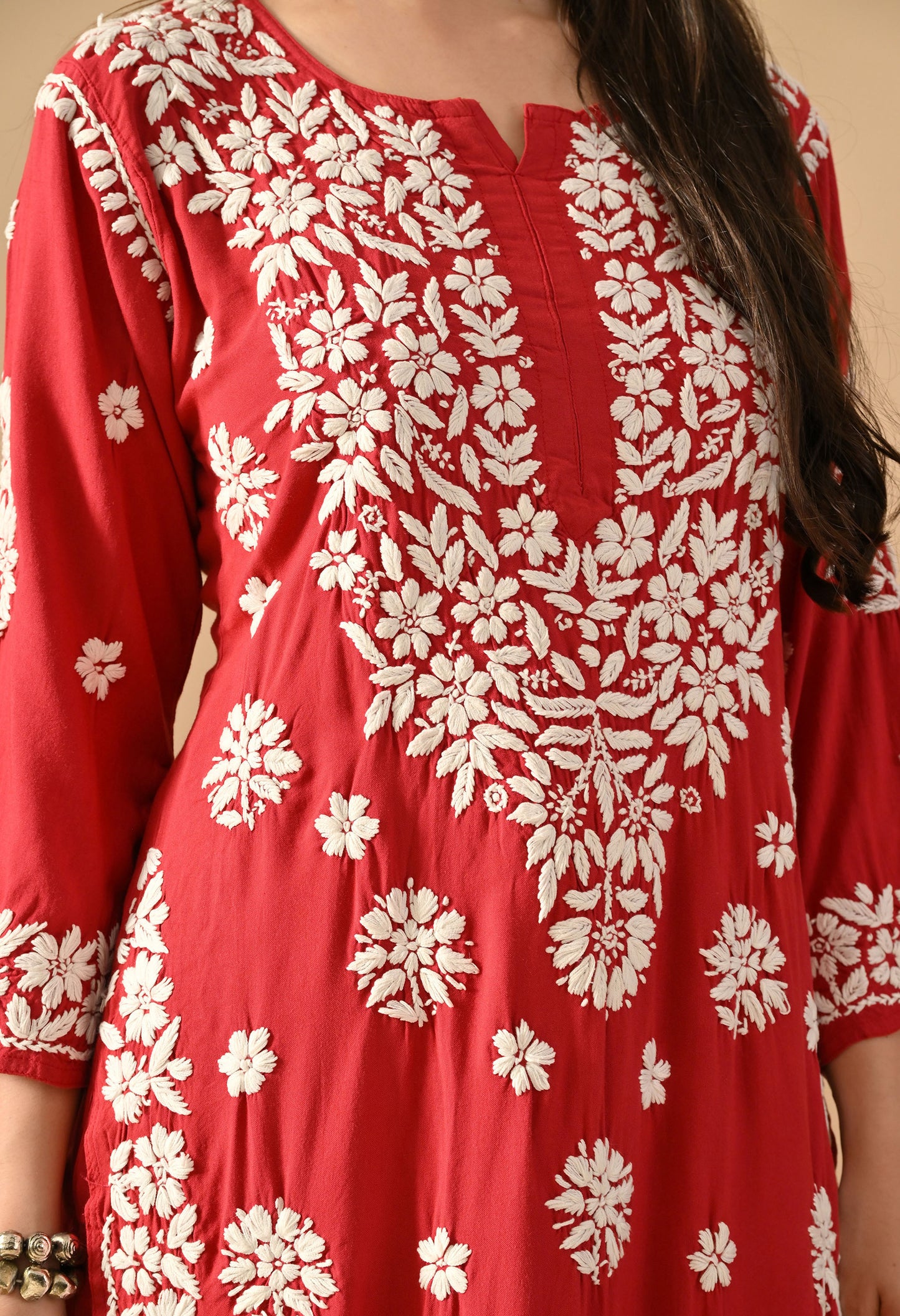 Hand Embroidered Chikankari Plazo Set 3d Work- Cherry Red