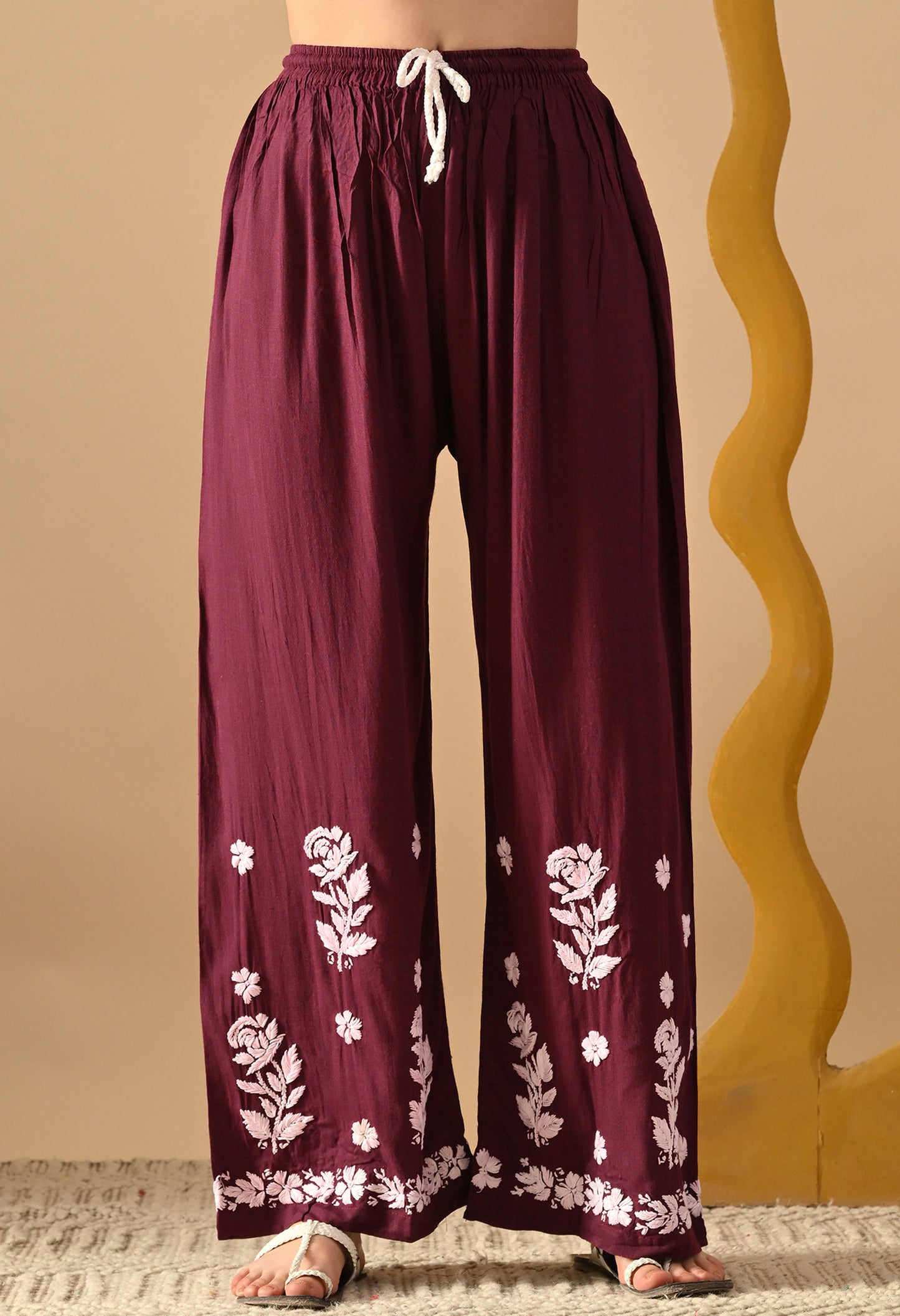 Hand Embroidered Chikankari Slub Rayon Plazo Set 3d Work-Wine