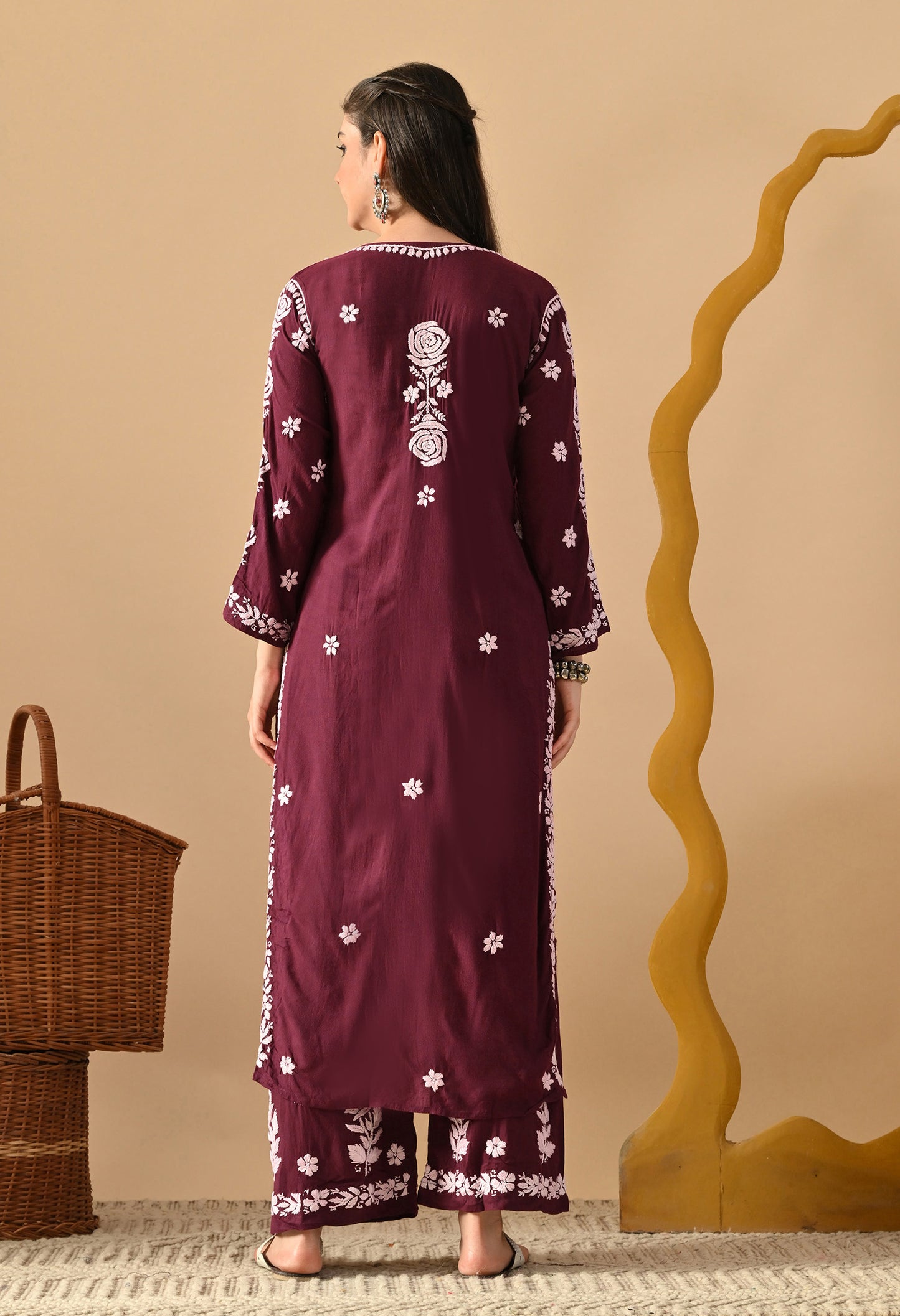 Hand Embroidered Chikankari Slub Rayon Plazo Set 3d Work-Wine