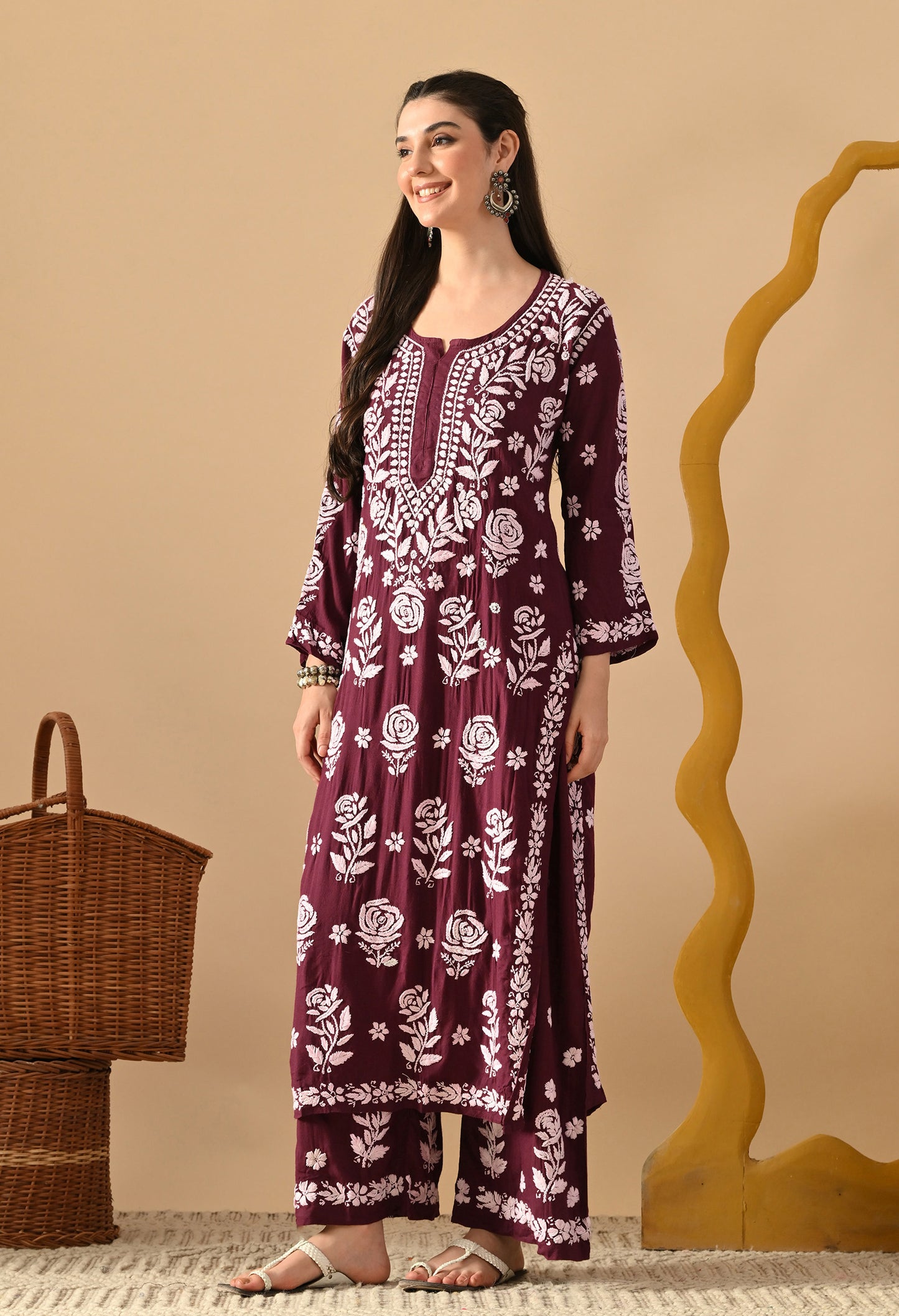 Hand Embroidered Chikankari Slub Rayon Plazo Set 3d Work-Wine