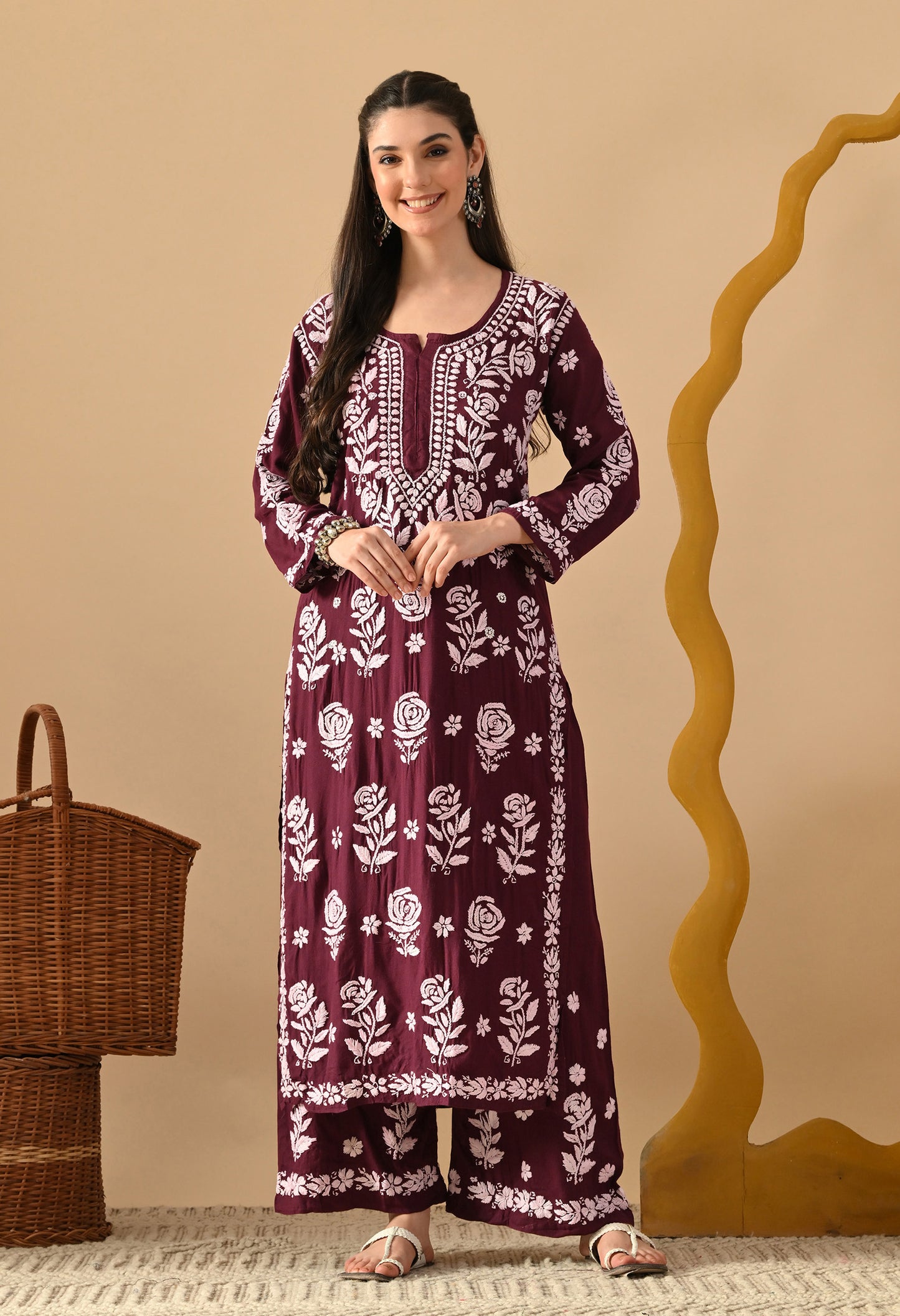 Hand Embroidered Chikankari Slub Rayon Plazo Set 3d Work-Wine