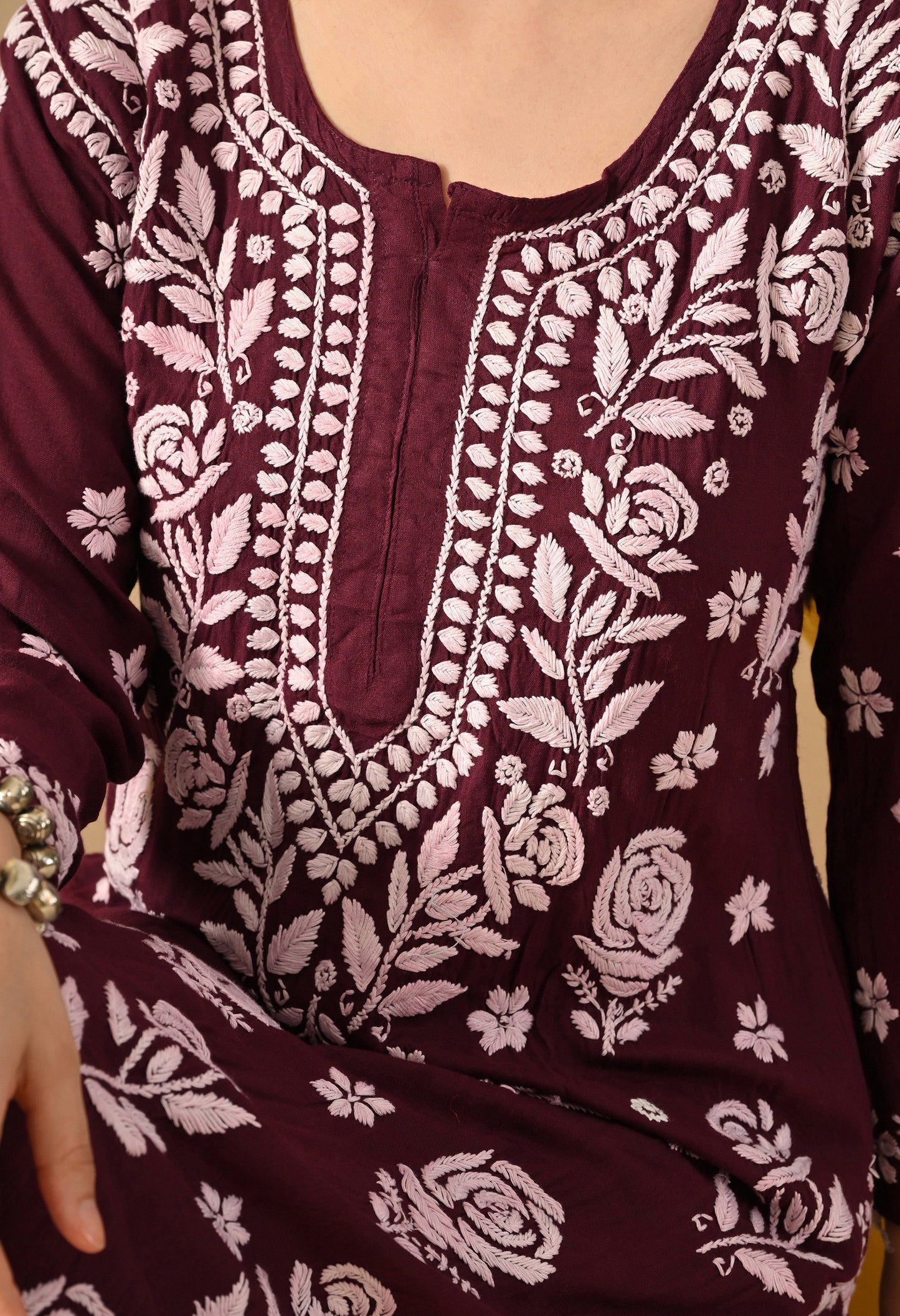 Hand Embroidered Chikankari Slub Rayon Plazo Set 3d Work-Wine