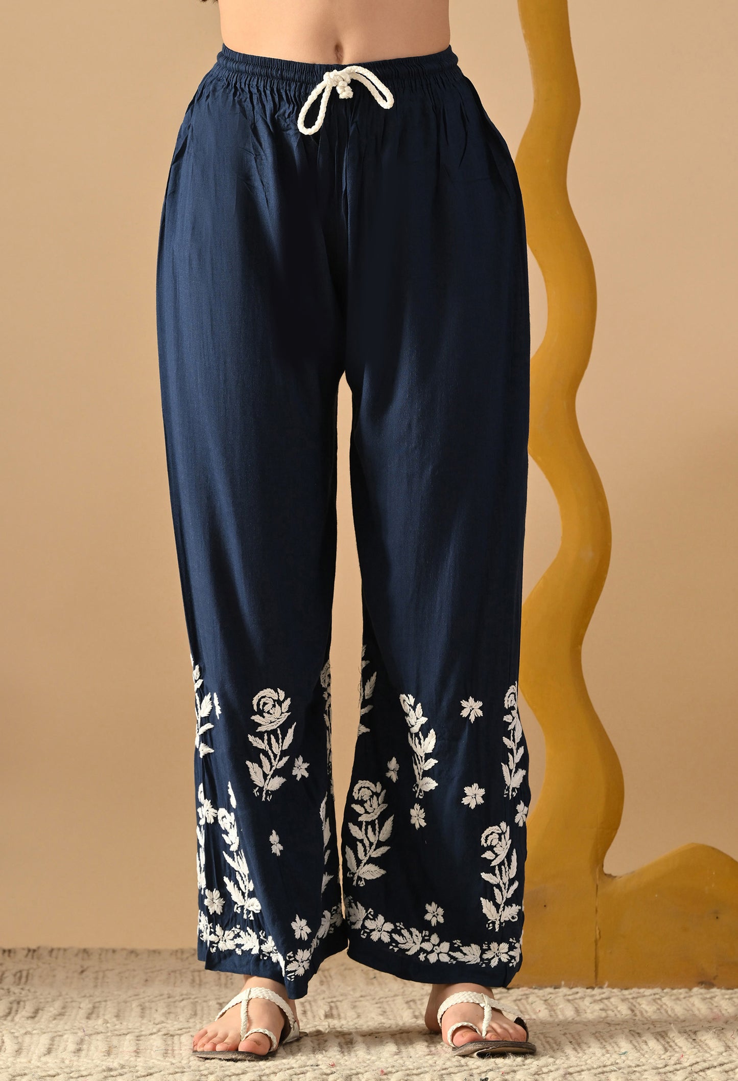 Hand Embroidered Chikankari Slub Rayon Plazo Set 3d Work-Teal Blue