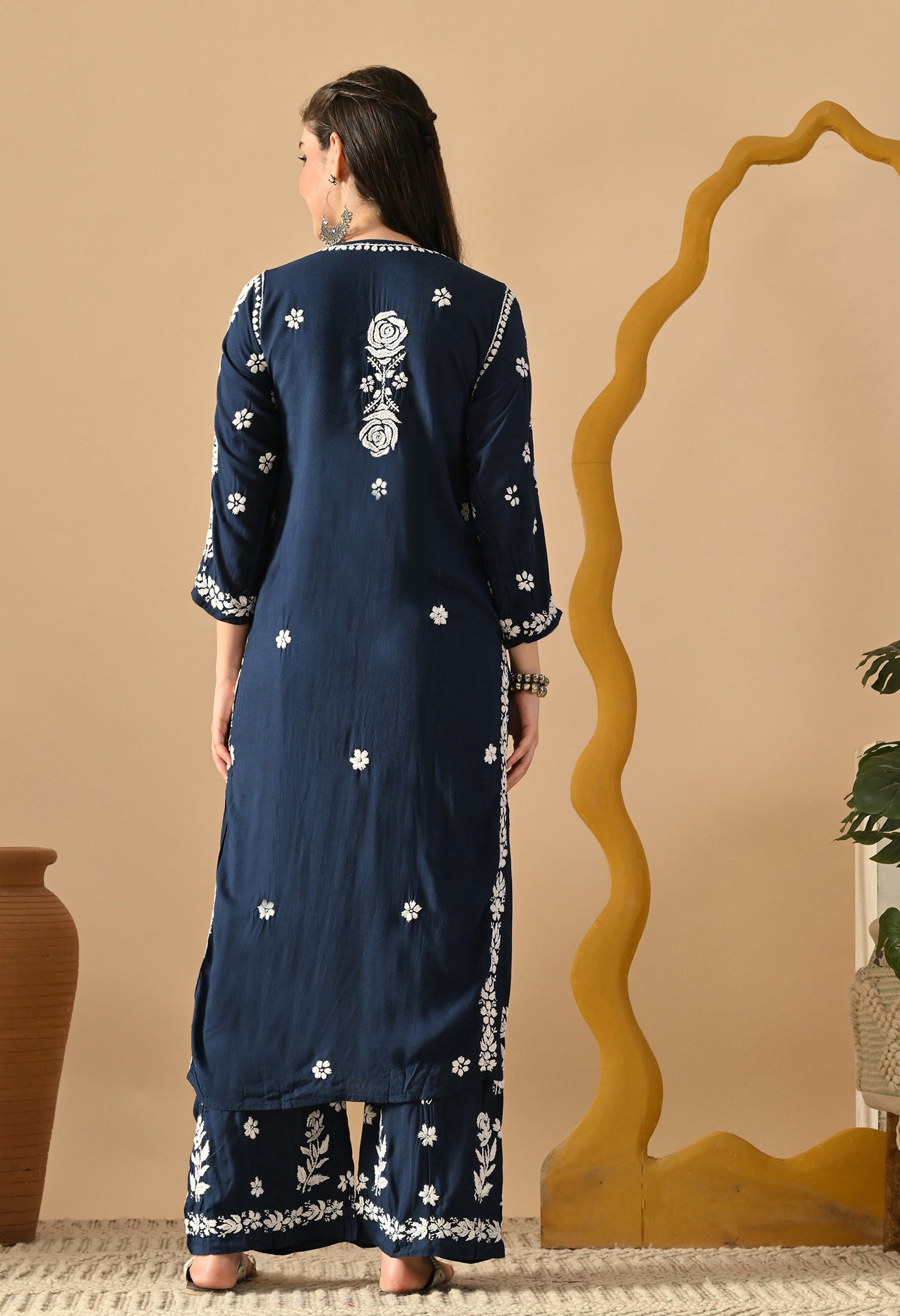 Hand Embroidered Chikankari Slub Rayon Plazo Set 3d Work-Teal Blue